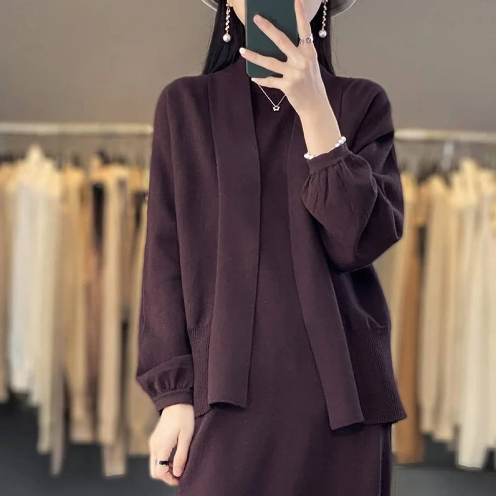 Cárdigan de Mujer Cárdigan de Punto de Algodón para Mujer Abrigo Suéter Liso Color Café Cárdigan Largo de Manga Farol Cárdigan Abierto por Delante Chaqueta de Punto Suelta de Primavera para Uso Diari