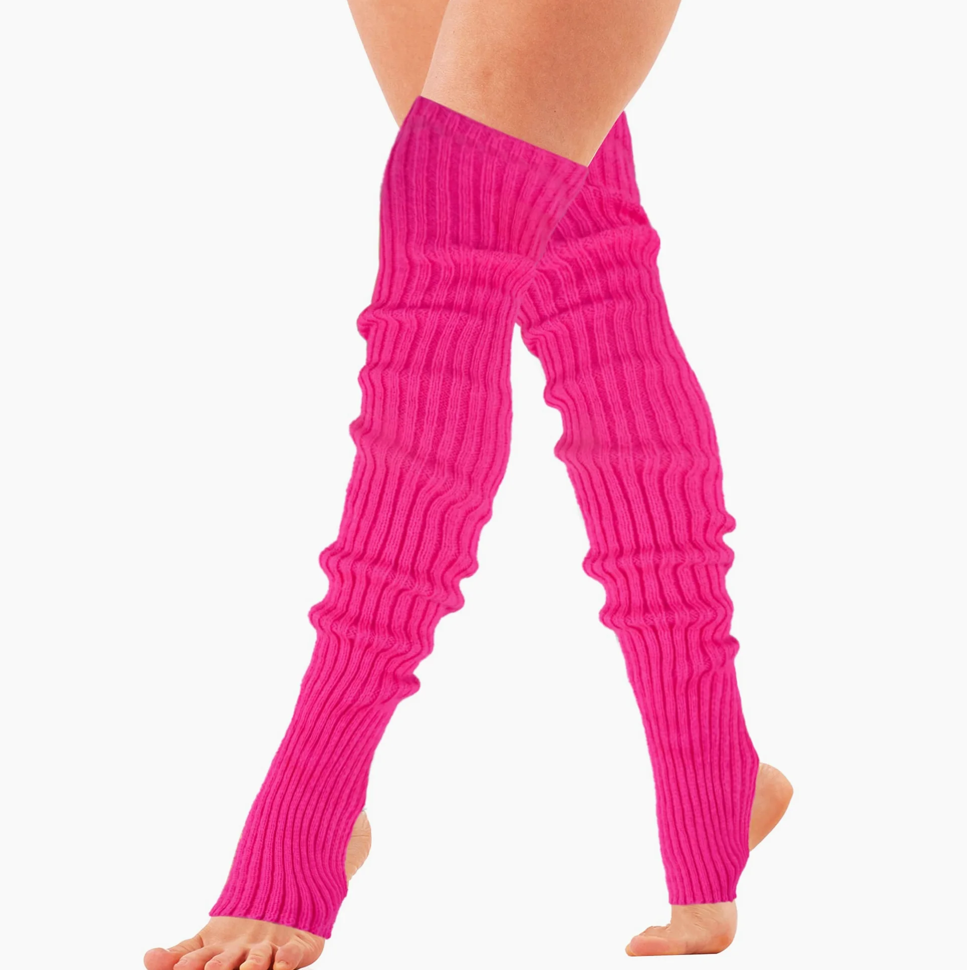 Calentadores de piernas largos de punto con estribo para mujer, por encima de la rodilla, acanalados, de neón para fiestas, bailes, deportes