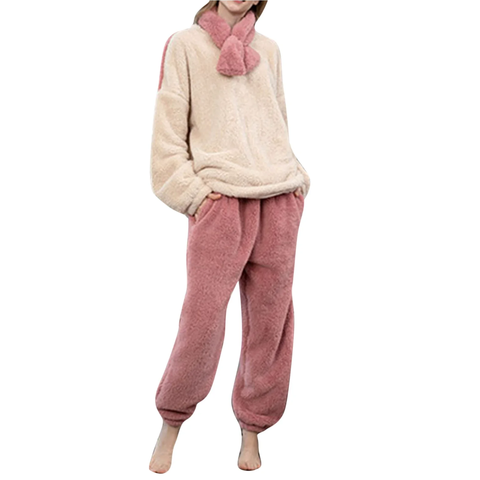 CMBSSTFC Pijamas de invierno para mujer, de forro polar, cálido y acogedor, pijamas térmicos de dos piezas, pantalones largos y camisetas de pijama, traje de jogging, conjunto de pijama de gran tamaño