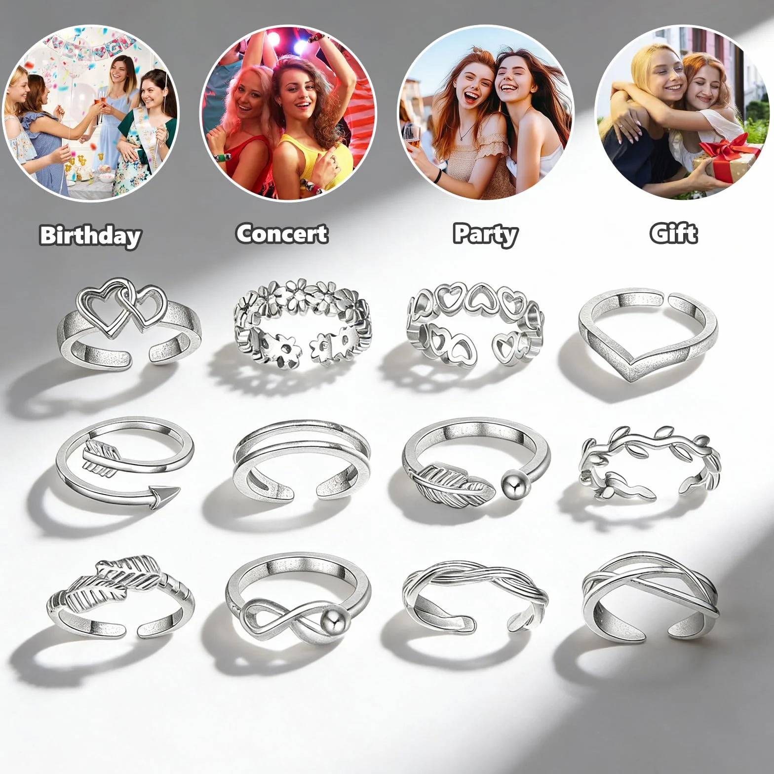 12 Piezas Anillos para el Dedo del Pie Mujer, Anillos de Dedo Ajustables, Anillo de Dedo del Pie Abiertos, Joyería Regalo Amistad San Valentín Día de la Madre, Plata