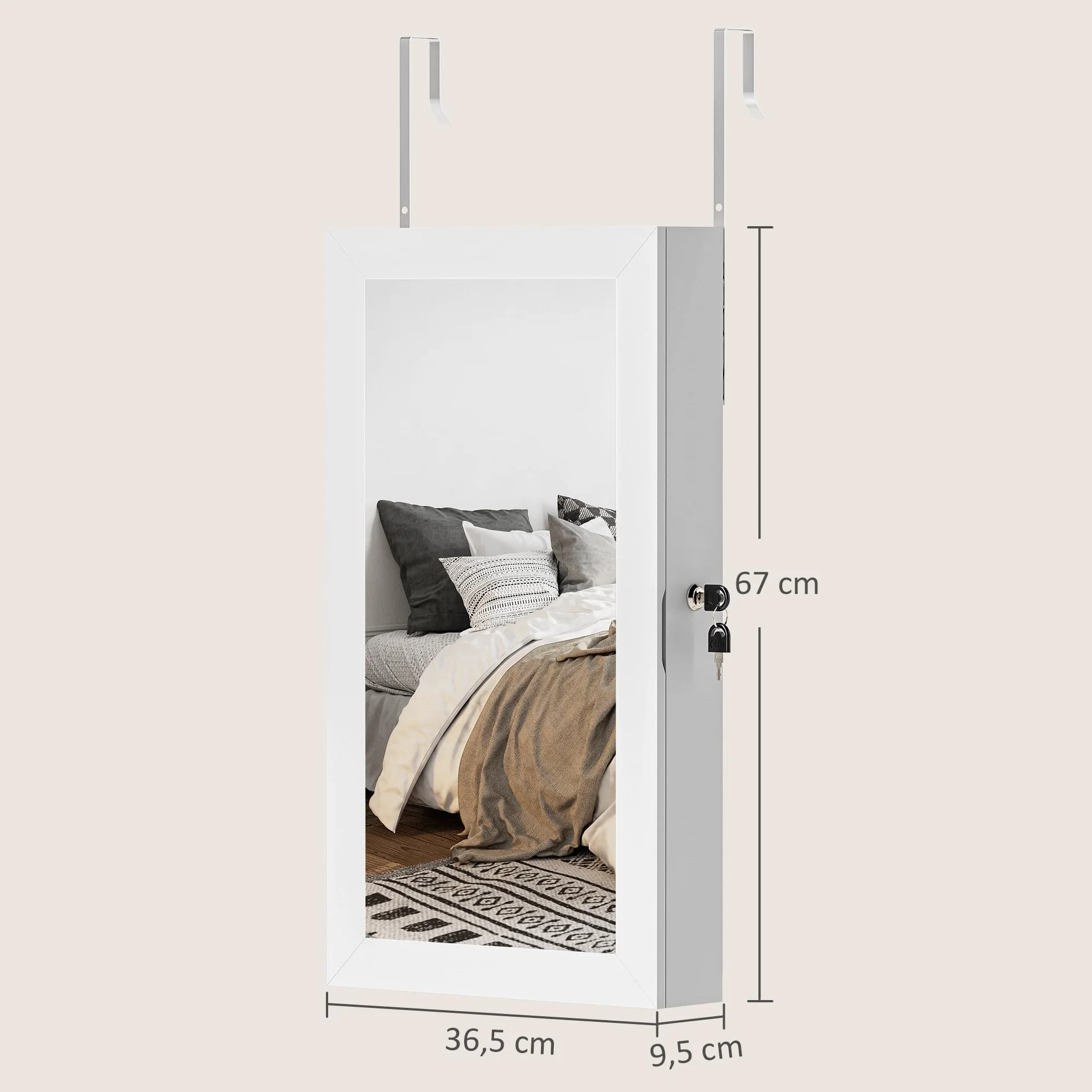 HOMCOM Espejo Joyero de Pared Armario para Joyas con Cerradura y Varios Compartimentos Montar en Pared o Puerta para Pendiente Collar Anillo Pulsera Blanco y Forro Crema