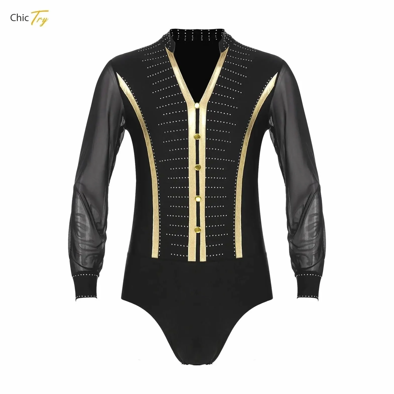 Hombre Camisa de Baile Latino con Diamantes de Imitación, Traje de Salón Cha Cha Rumba, Manga Larga, Ropa de Práctica Latina (Negro, M)