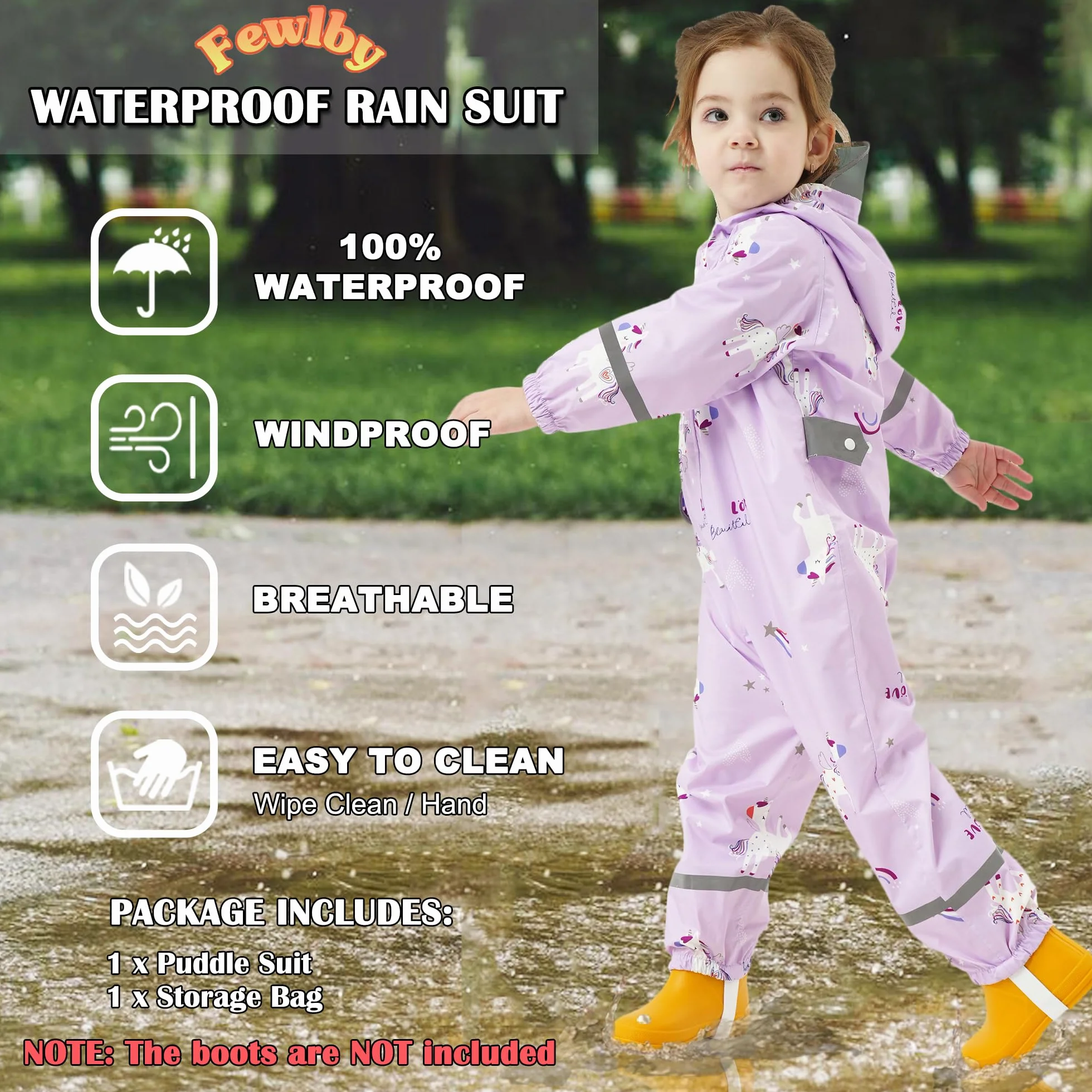 Fewlby Chubasquero Niñas Traje Impermeable, Chaqueta de Lluvia Poncho con Capucha Niños Traje de Lluvia Abrigos Impermeables Reutilizable Mono Impermeable 1-10 Años