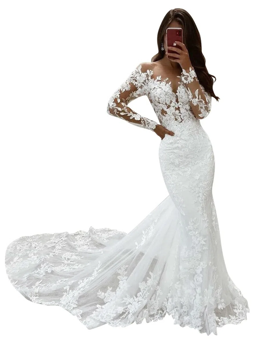 Vestido de Novia de Sirena de Manga Larga de Tul Civil, Blanco, 48