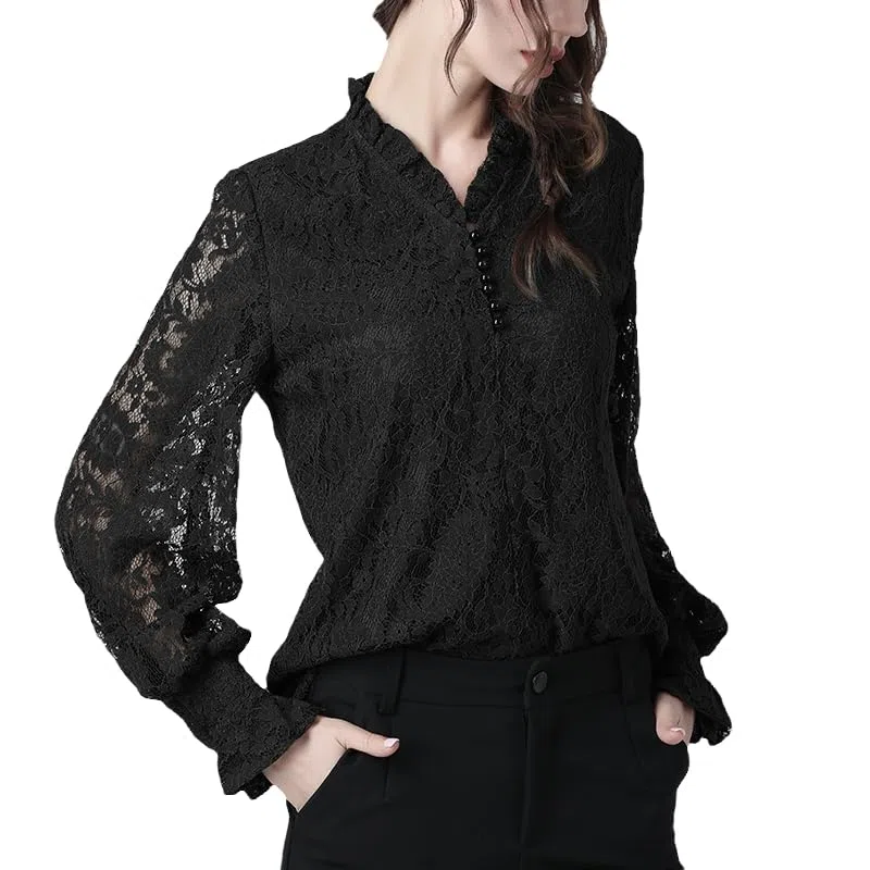 Blusas de Encaje Floral para Mujer Blusas de Malla de Manga Larga ahuecadas Blusa Holgada con Cuello en V con Volantes para Mujer Blusa Coreana de otoño (Negro XL)
