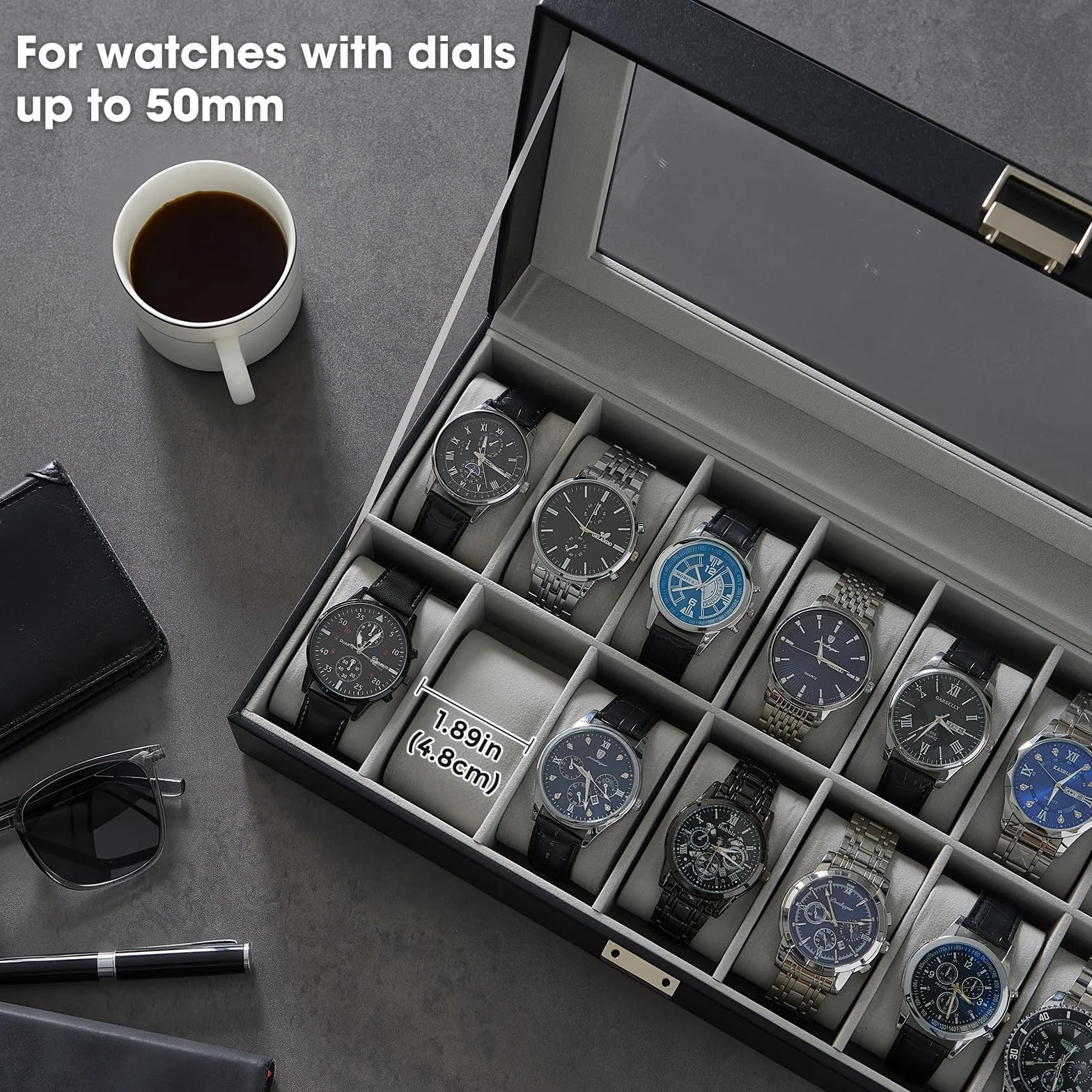 ProCase Caja Organizadora de Relojes 14 Ranuras, Estuche Joyero con Tapa de Cristal, Vitrina de Almacenamiento para Relojes, Pulseras y Joyas, Regalo Elegante para Hombres y Mujeres – Negro