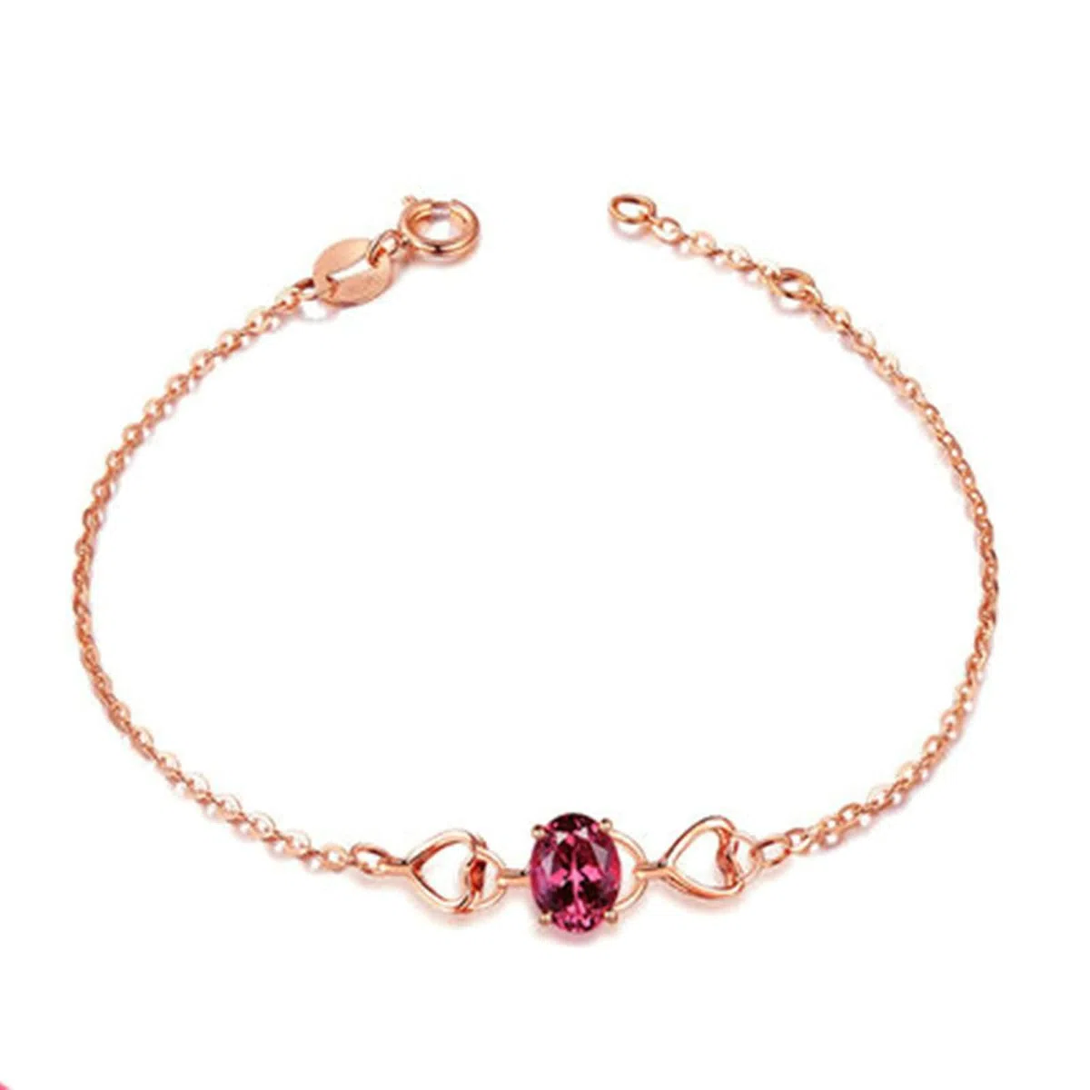Pulsera para Mujer de Oro Rosa 9 Kilates / 14 Kilates / 18 Kilates, Corazón Hueco y Oval con Turmalina, Cadena Extensible 16 CM + 5 CM, Pulsera Mujer Ajustable de Oro Rosa