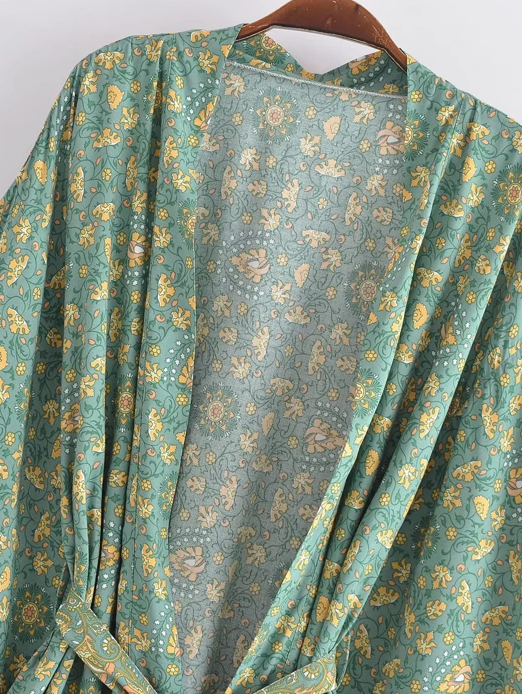 Dninmim Bata estilo kimono de algodón con estampado floral vintage para mujer, de manga larga, para verano, para la playa, estilo bohemio, Como se muestra en la imagen., S