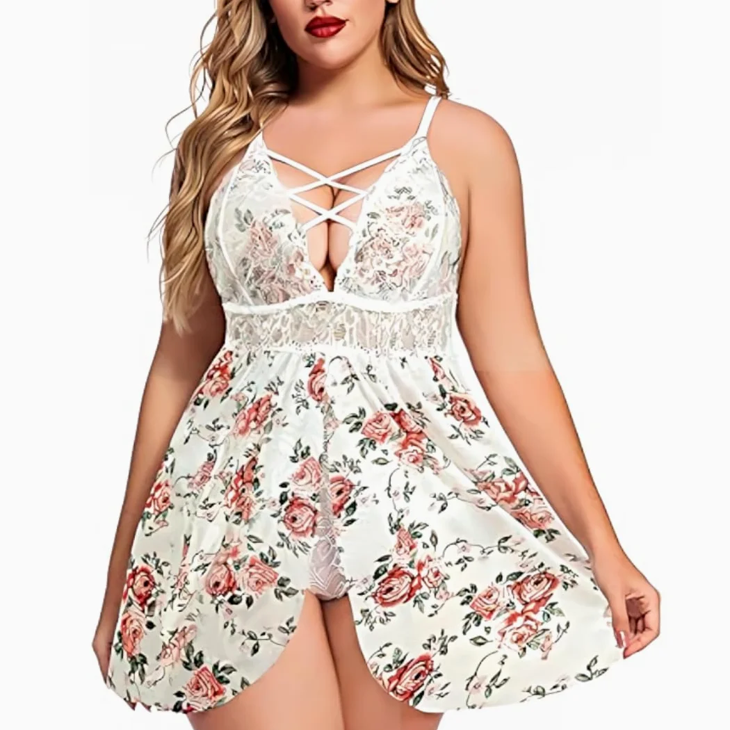 XHYRHTS Babydoll de lencería Sexy de Talla Grande para Mujer, camisón de Encaje, Ropa Interior de negligé, Ropa de Dormir de una Pieza, camisón para Mujer