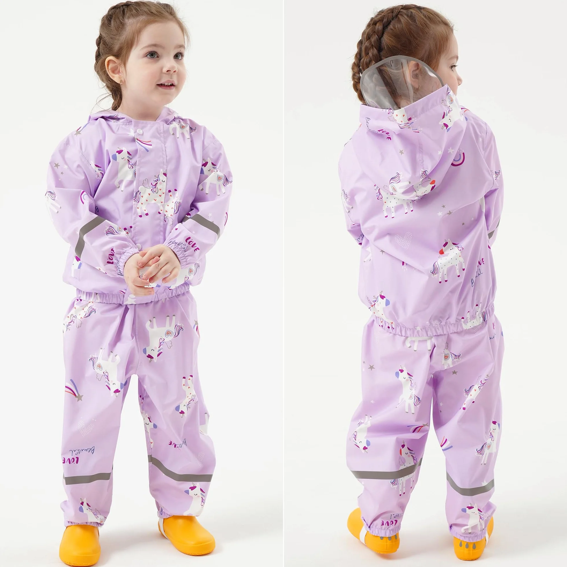 Impermeable Chubasquero Niñas - Abrigos Impermeables & Pantalones Conjunto de 2 Piezas, Niñas Chaqueta de Lluvia con Capucha Pantalones Impermeables Reutilizable Traje Impermeable para 1-7 Años