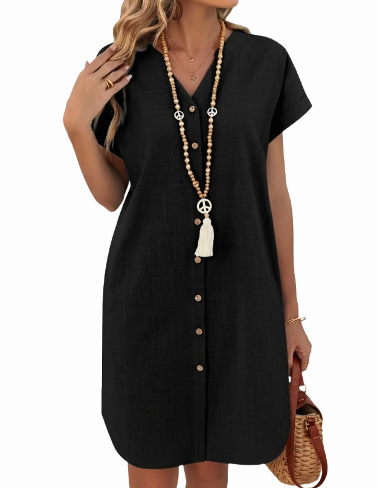 Zeagoo Vestido Mujer Verano Manga Corta Lino Casual Cuello en V Playa Cortos con Bolsillos S-XXL