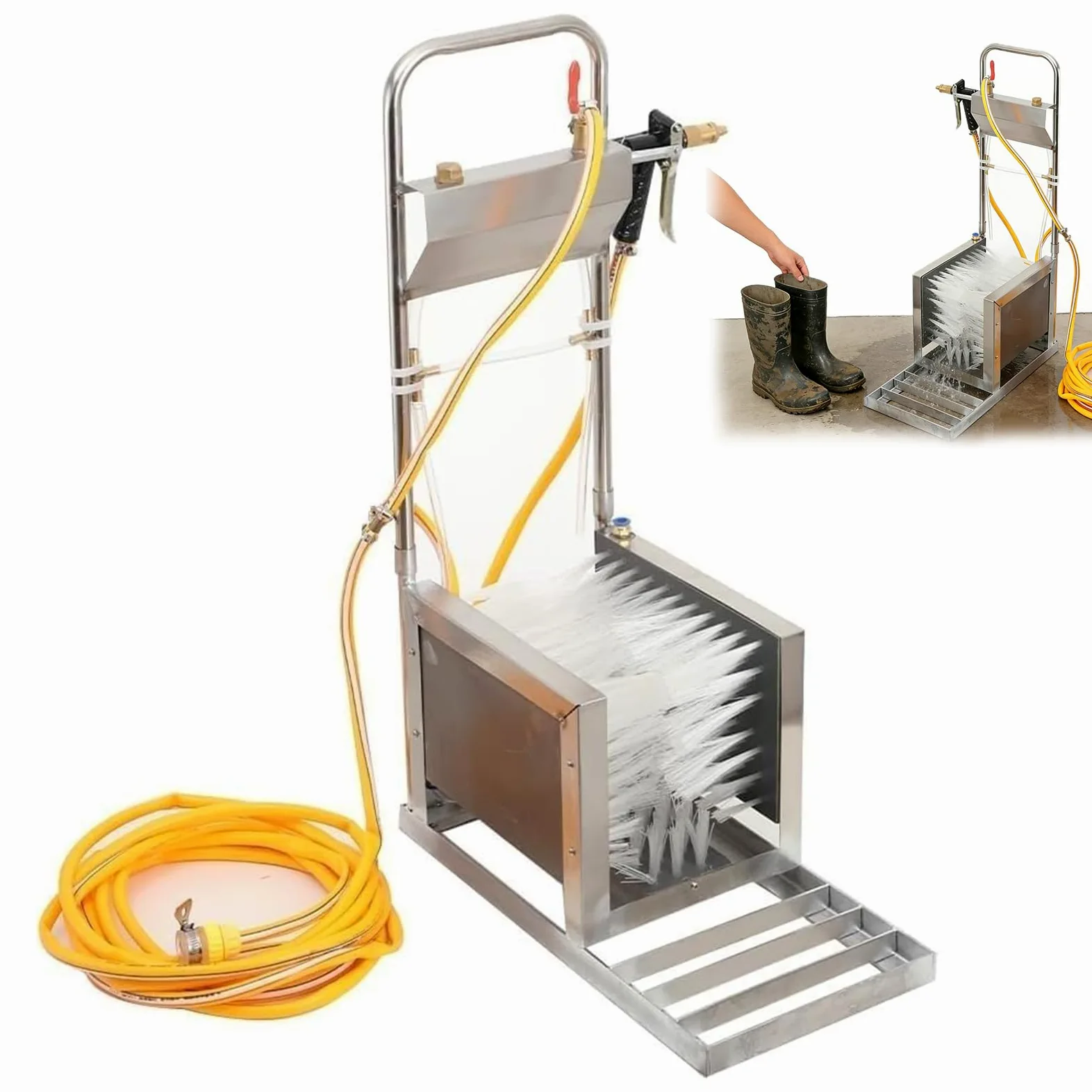 Limpiador automático de calzado con spray de agua y manguera, cepillo de acero inoxidable para eliminar barro en granjas