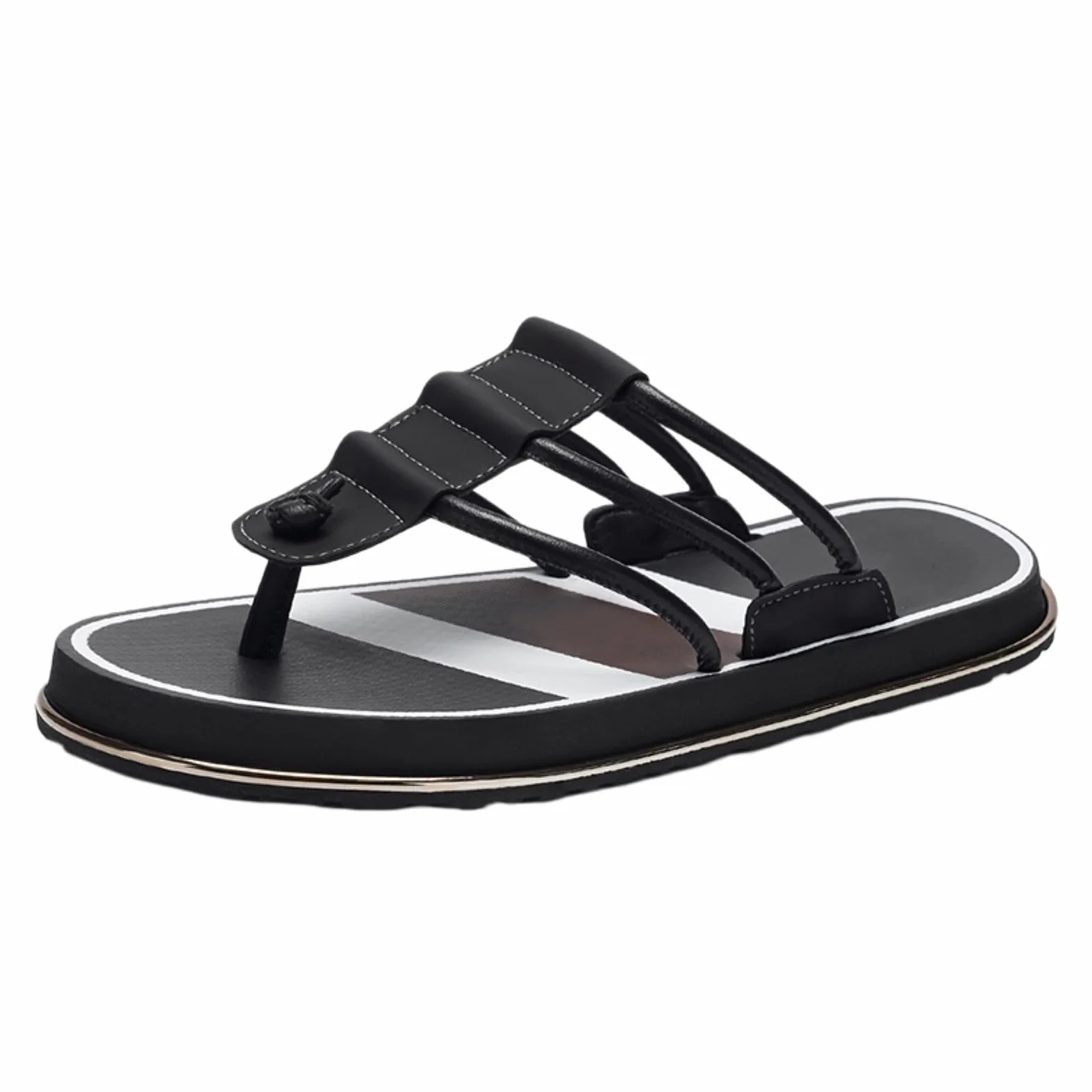 Chanclas De Playa Hombre Sandalias Cuero Tanga Los Hombres, Plantilla Goma Eva Suave Plana Antideslizante para El Verano Al Aire Libre-black-38