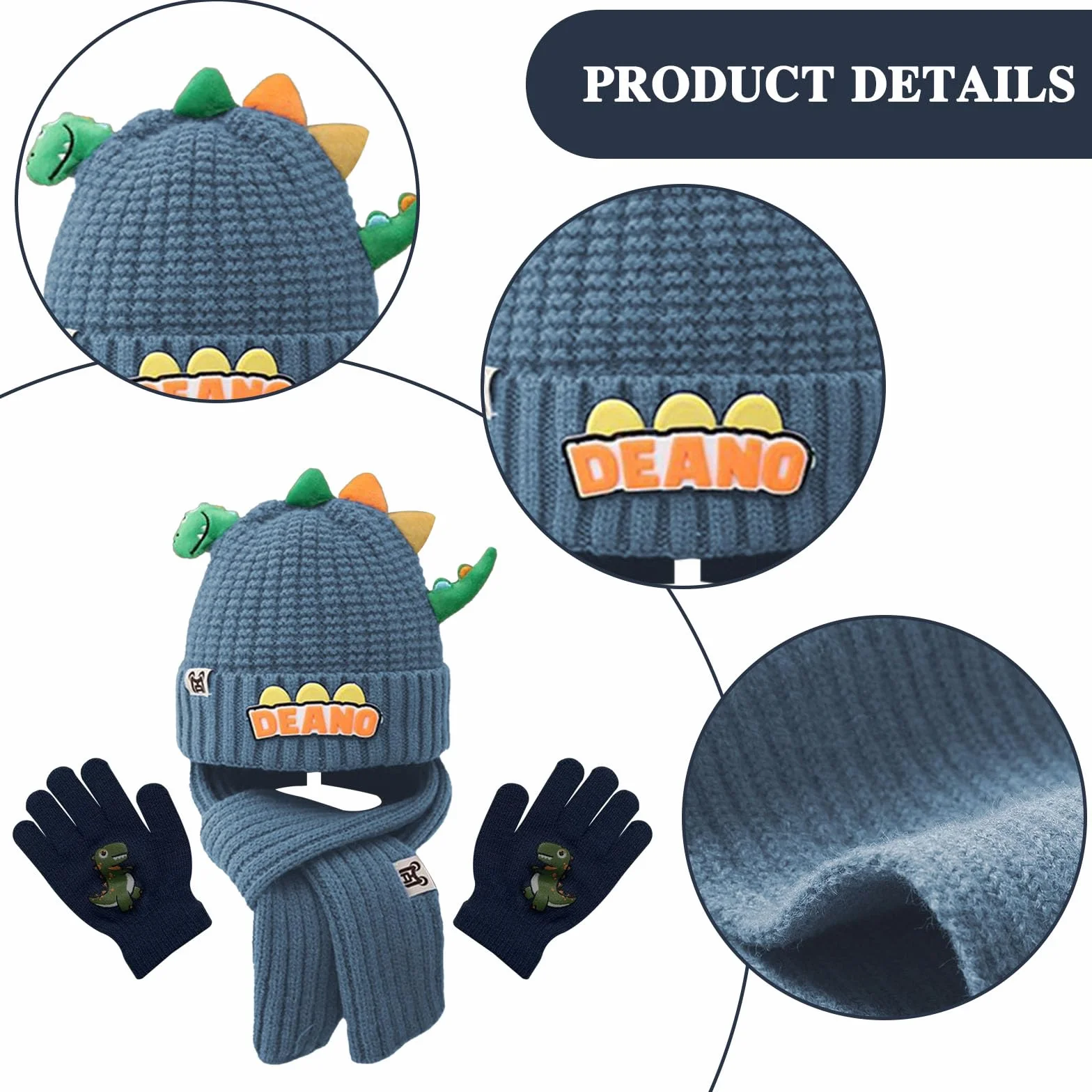 Conjunto Bufanda Gorro y Guantes Niño, Set de Gorra Bufanda Guantes Termicos Niño, 3 en 1 de Punto Gorras Beanie Bufandas Guante Termico, Diseño de Dinosaurios Lindo Gorros Scarf Winter Gloves