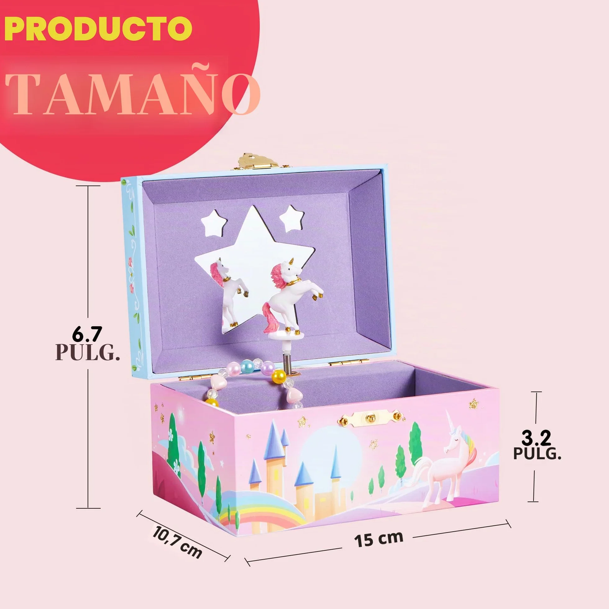 JOYIN Joyero musical de unicornio con espejo estrella, pulsera y calcomanías