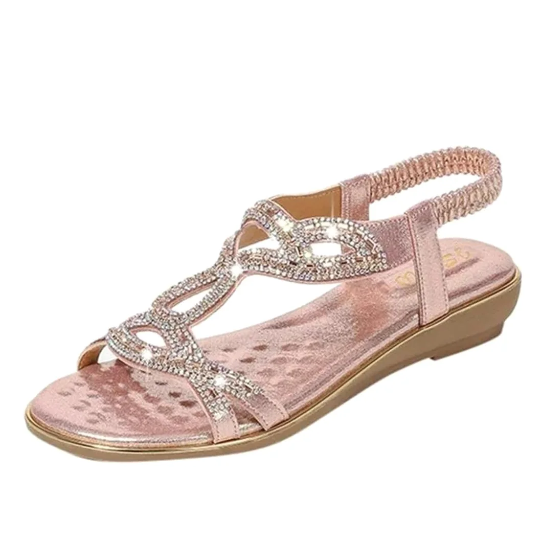 Sandalias básicas de poliuretano con diamantes de imitación para mujer, con banda elástica frontal y correa trasera, tacón de cuña, parte superior de poliuretano, sandalias de verano bohemias