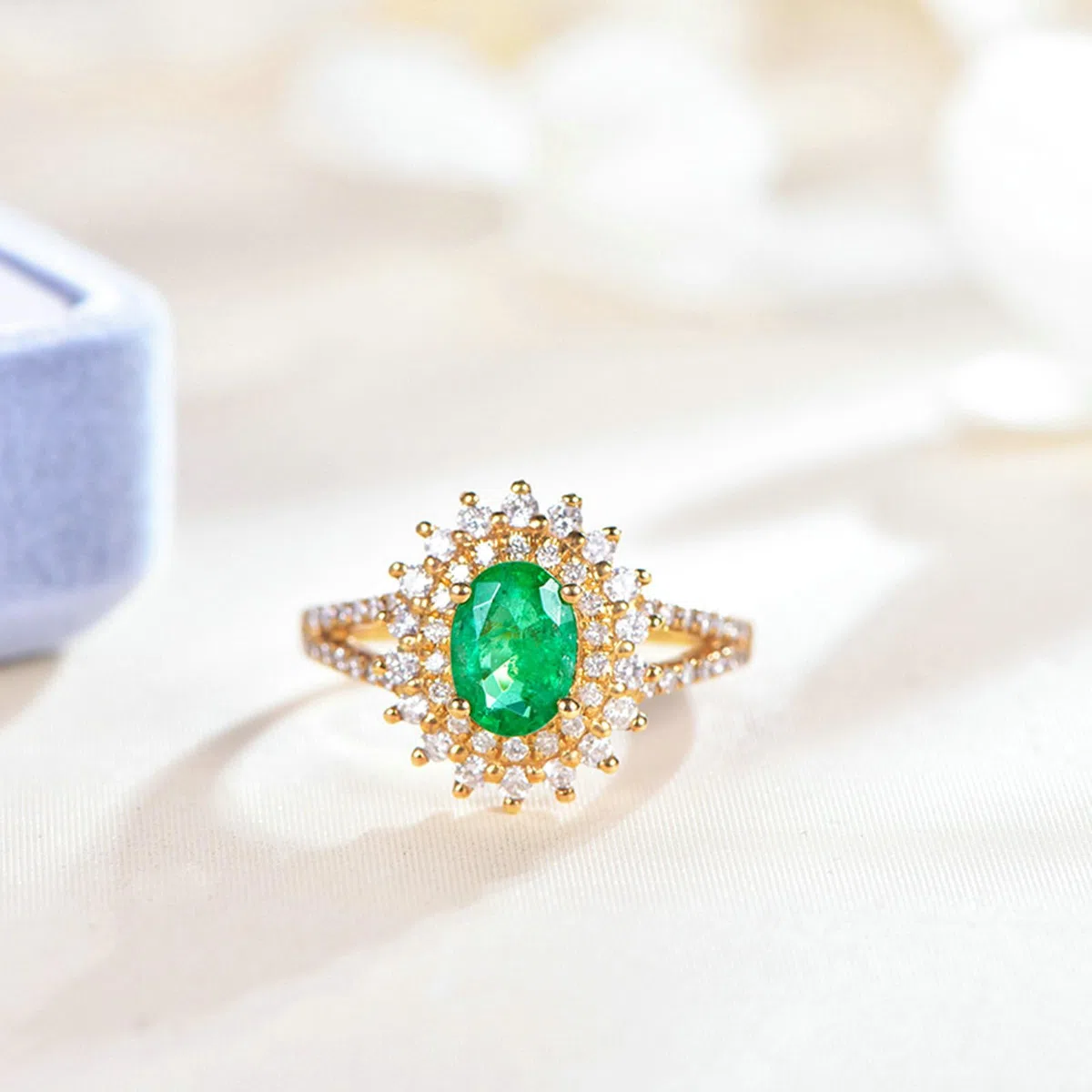 Anillo de boda para mujer, oro de 18 quilates, 14 quilates, 9 quilates, talla H 1/2-V 1/2, anillos de compromiso con girasol con esmeralda de 0,7 quilates y moissanita de 0,5 quilates