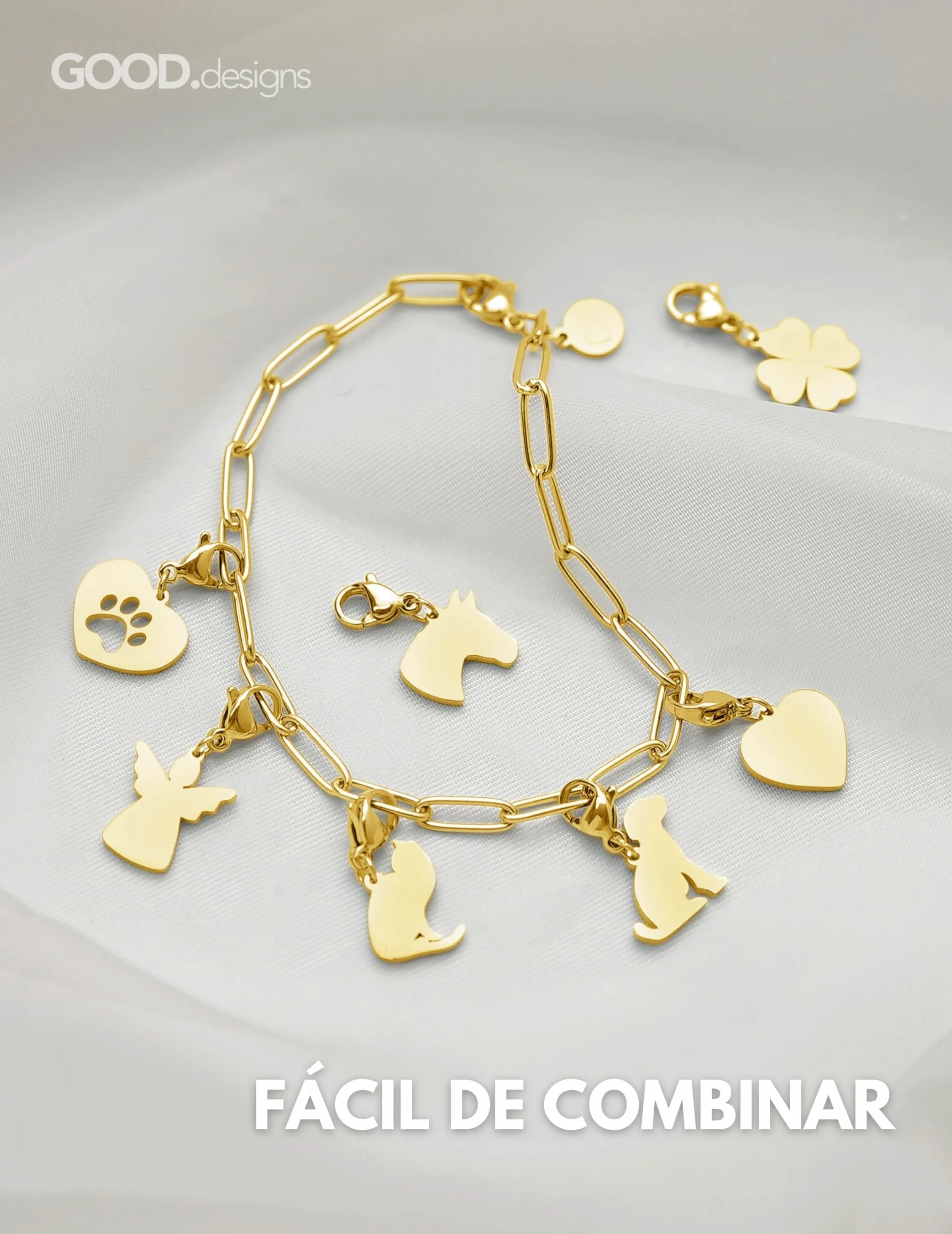 GD GOOD.designs Charms colgante con cierre de mosquetón | Colgante para collar de acero inoxidable 316L | Charm para pulsera tipo charm en oro 18K | Resistente al agua e hipoalergénico