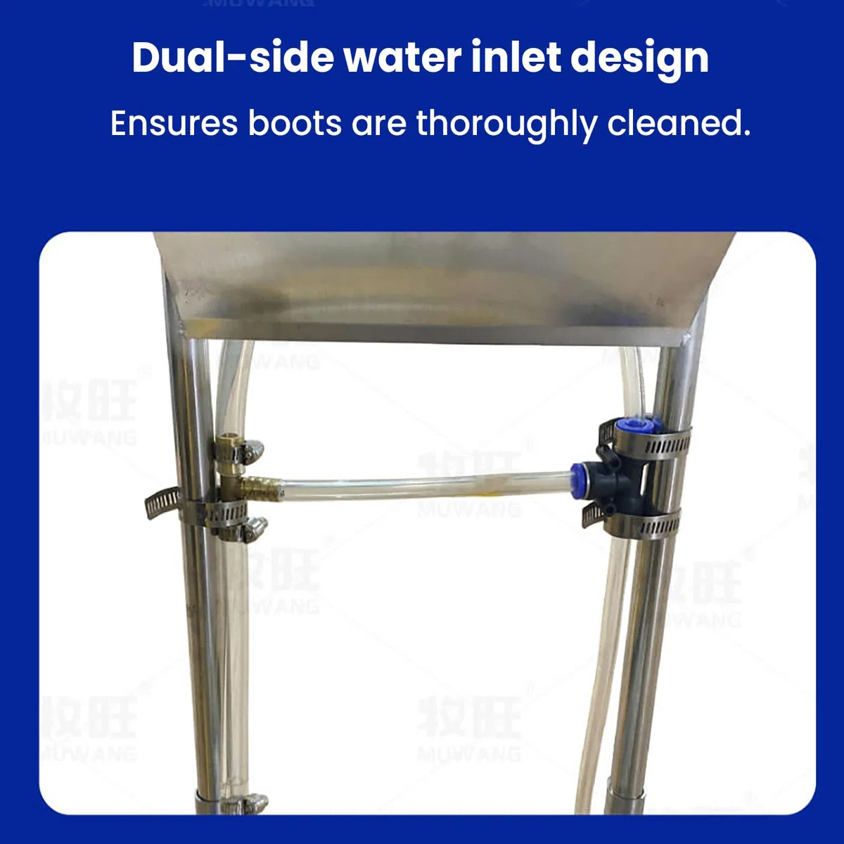 Limpiador automático de botas, cepillo de limpieza de zapatos de acero inoxidable con manguera de agua de 5 m y no necesita energía, interruptor de válvula doble, 15 salidas de agua para limpieza de