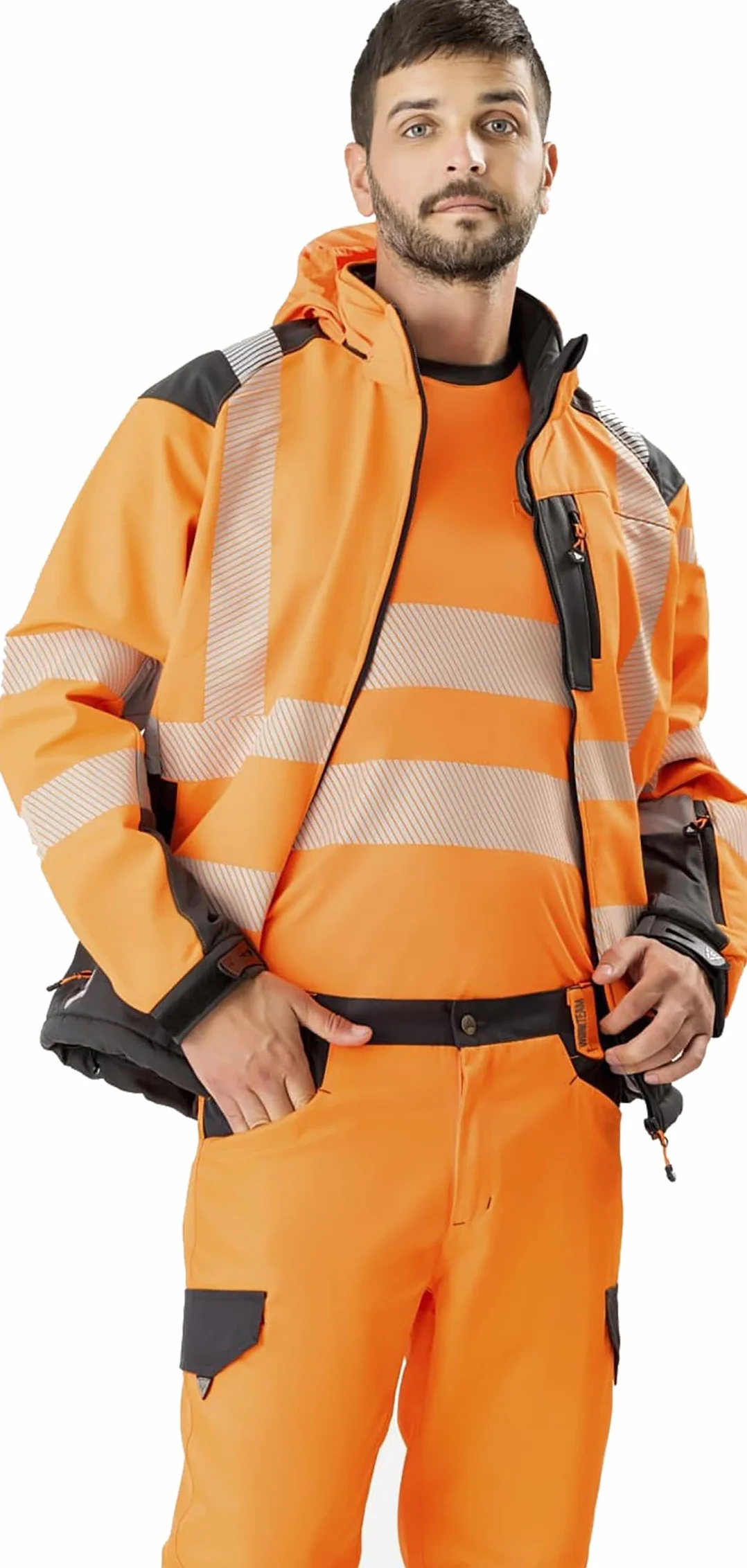 WORKTEAM Chaqueta Softshell de ALTA VISIBILIDAD, Cintas Reflectantes Discontinua, Capucha, Cortavientos, Repelente Agua, Membrana Transpirable y Alta Capacidad Térmica. Unisex
