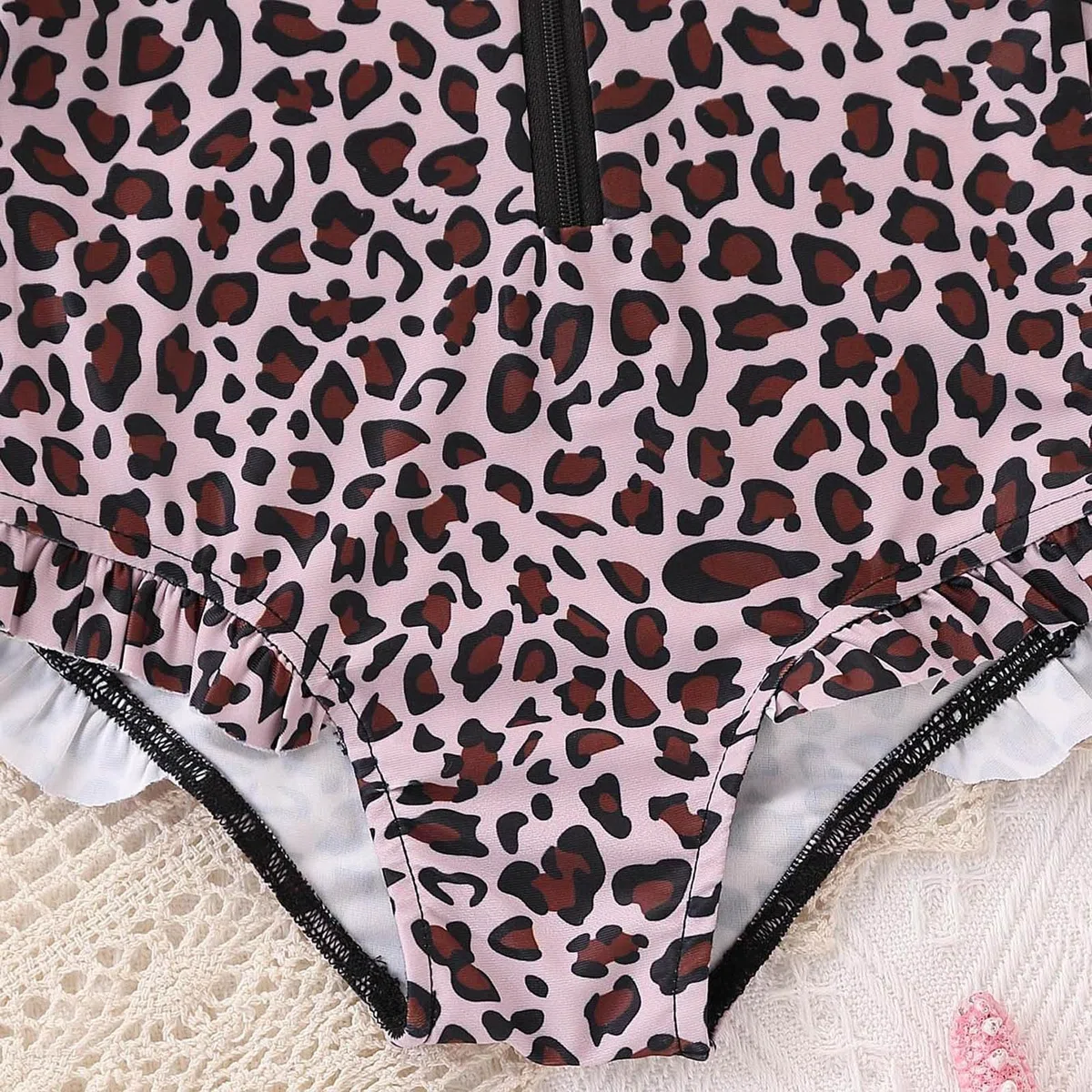 Generisch Bañador para niña con estampado de leopardo, dobladillo con volantes y cremallera lateral para playa y piscina