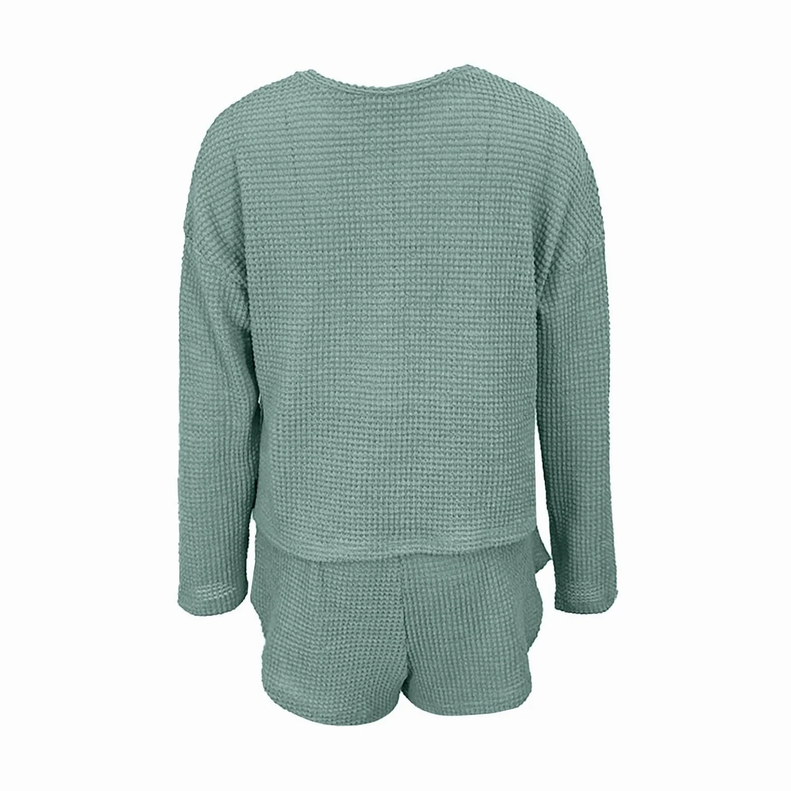 Generisch Conjunto de pijama de punto para mujer, manga larga, top y pantalones cortos, conjunto de ropa de salón con bolsillos, ropa de noche