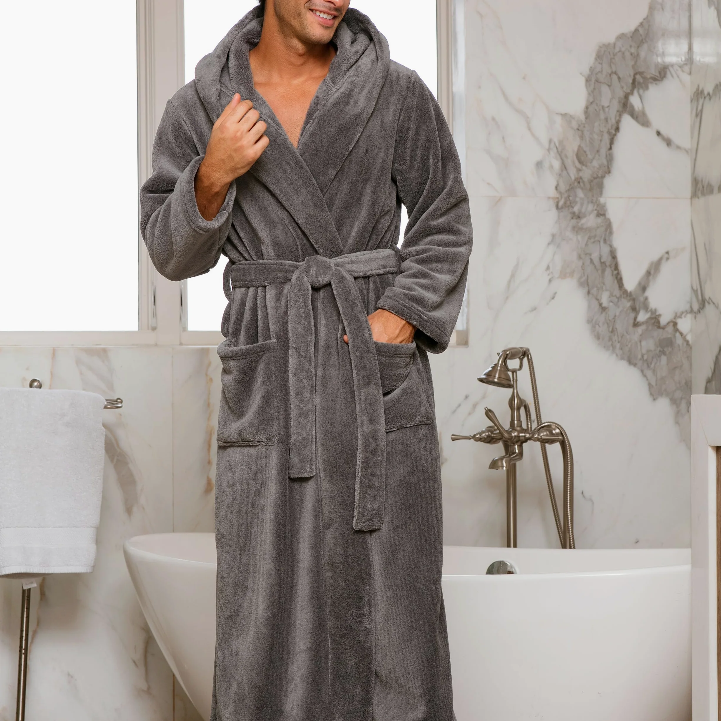 Alexander Del Rossa Bata de felpa para hombre con capucha, batas grandes y altas para hombre, bata de forro polar sherpa para hombre