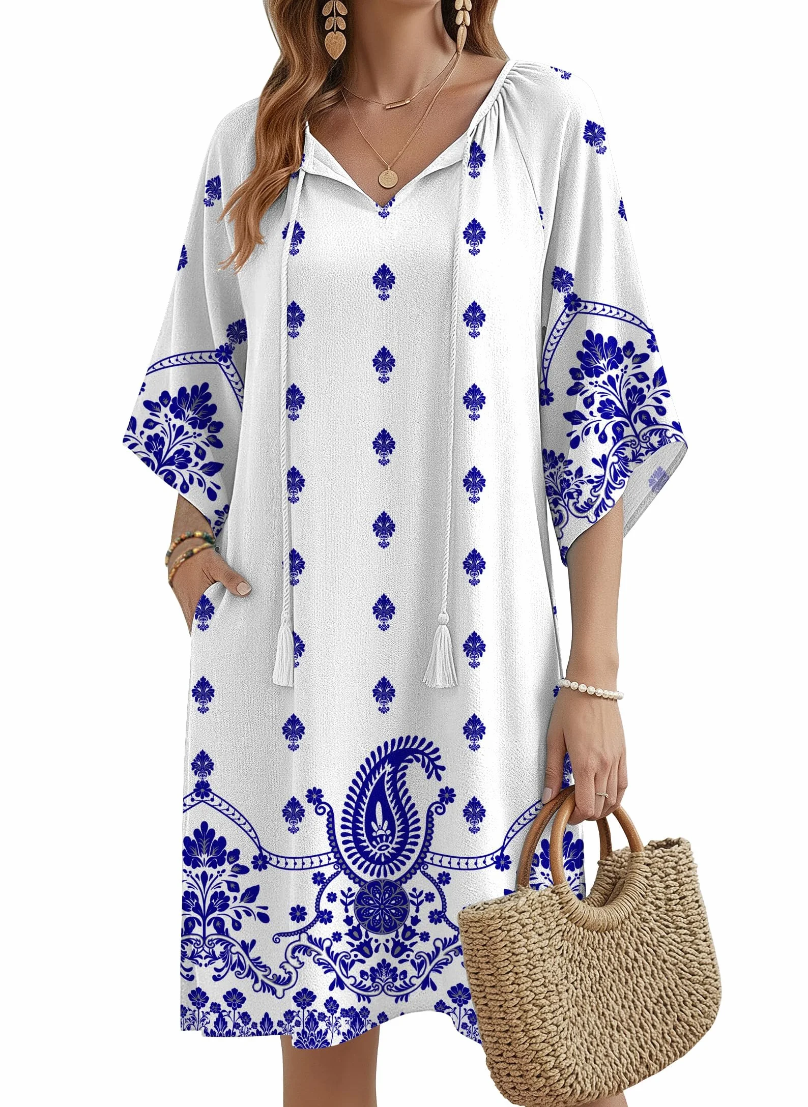 Zeagoo Vestido de verano para mujer bohemio con bolsillos hasta la rodilla