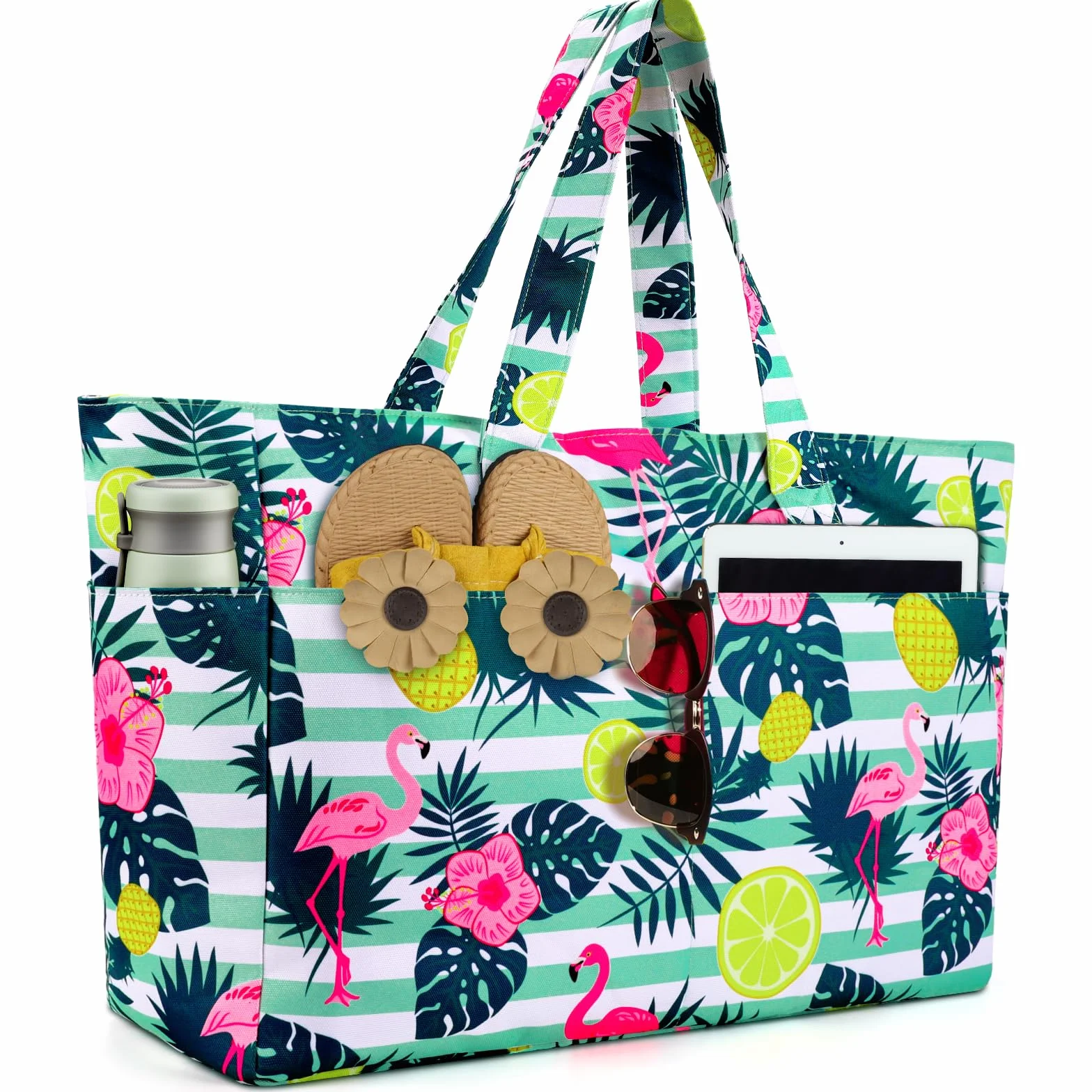 ISEYOU Bolsa Playa, Bolso Playa Mujer Impermeable Con Cremallera 45L, Bolsas Grandes XXL Familiar con 8 bolsillos Plegable Para Viajes, Picnic, Vacaciones