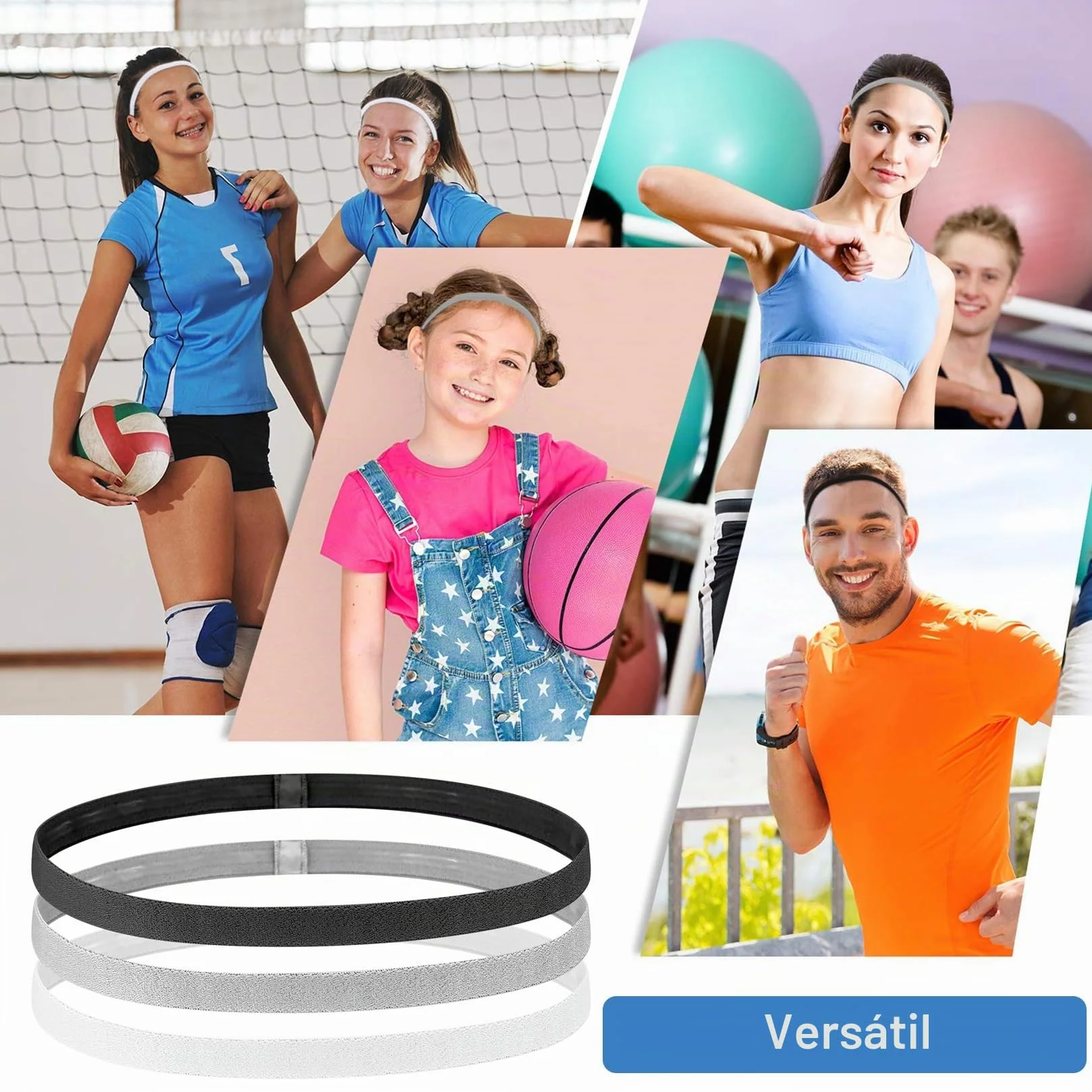 Cinta Deportiva Pelo Hombre 9 Pcs Elásticas Antideslizantes Yoga Fútbol Jogging Negro Blanco Gris