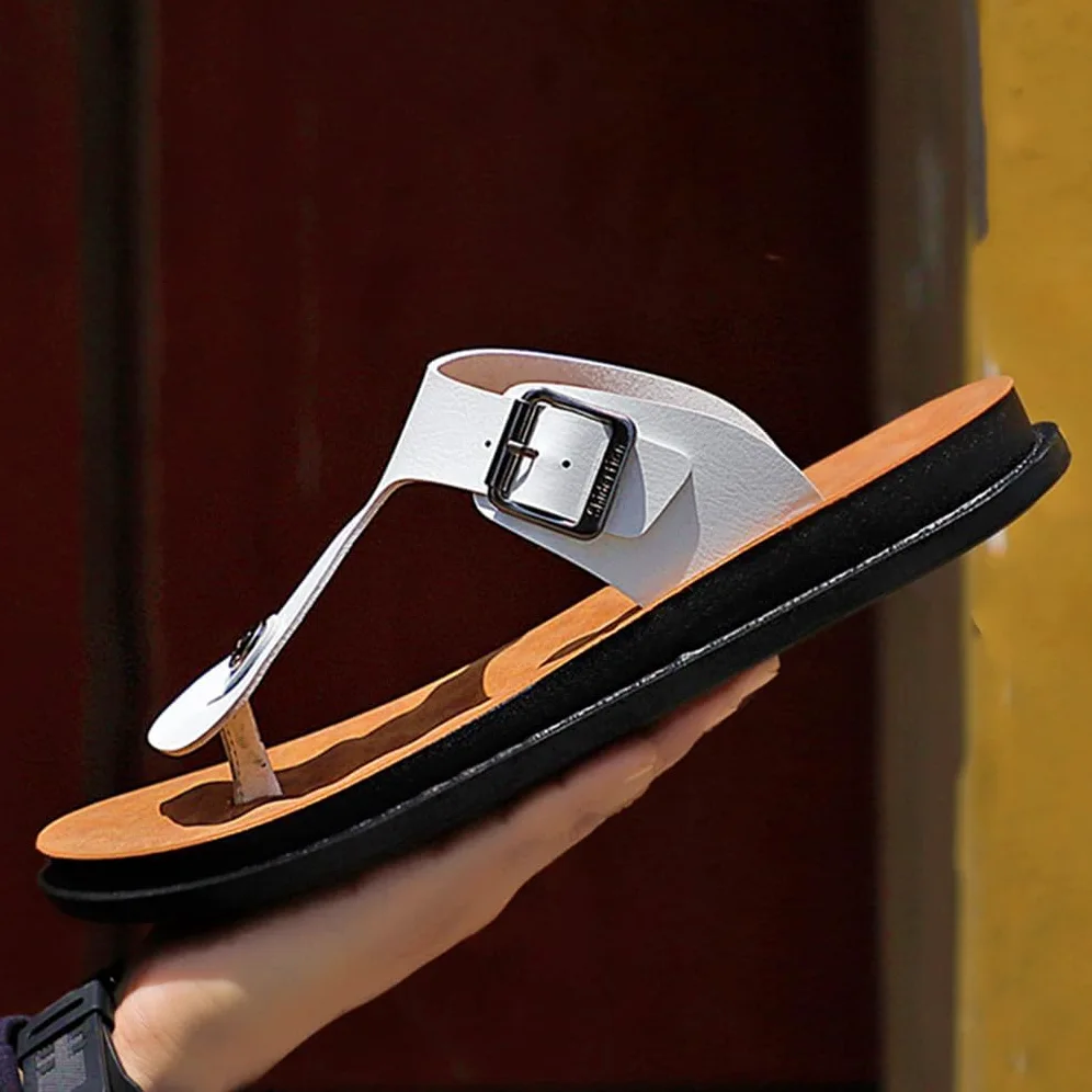 Chanclas De Verano De Cuero para Hombre, Zapatillas Casuales, Modernas, Sin Cordones, para Playa, con Hebilla De Metal Ajustable., Black, 45 EU