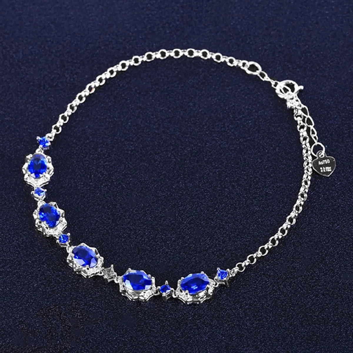 Pulseras Mujer de Oro Blanco 9K / 14K / 18K, Oval con Zafiro Creado de 2,9 ct y Moissanita, Cadena Extensible 16 CM + 5 CM, Pulseras de Plata Azul para Ajustable Mujer