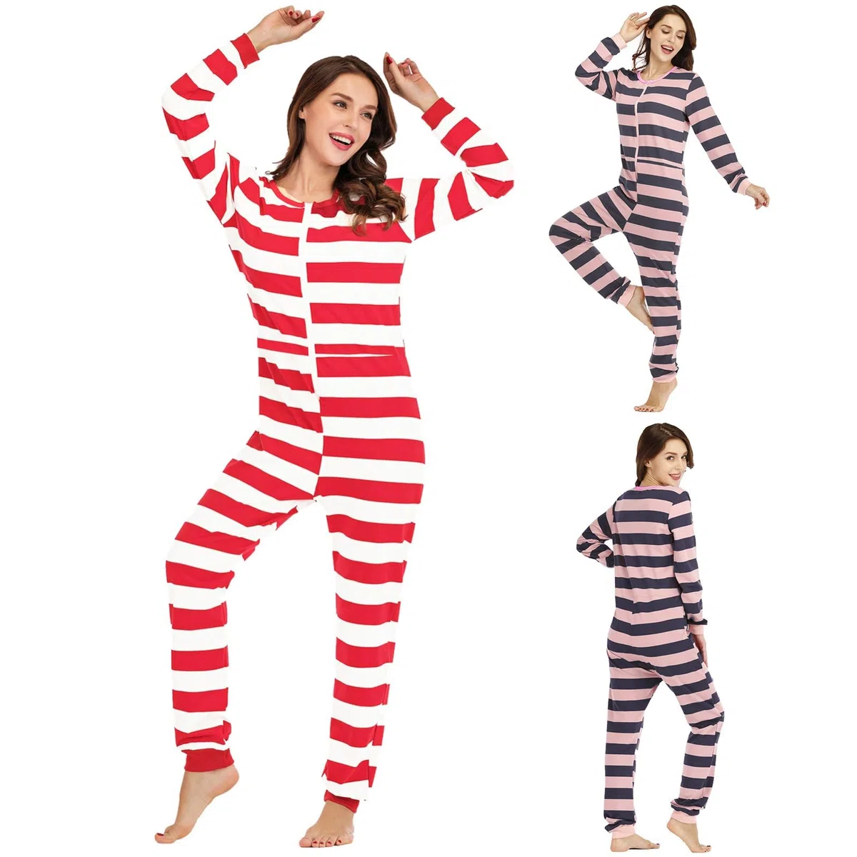 Mameluco para mujer con estampado de rayas de manga larga, cómodo pijama de algodón con cuello redondo, suave cepillado, súper suave, con cremallera, casual, para acurrucarse, disfraz de cosplay