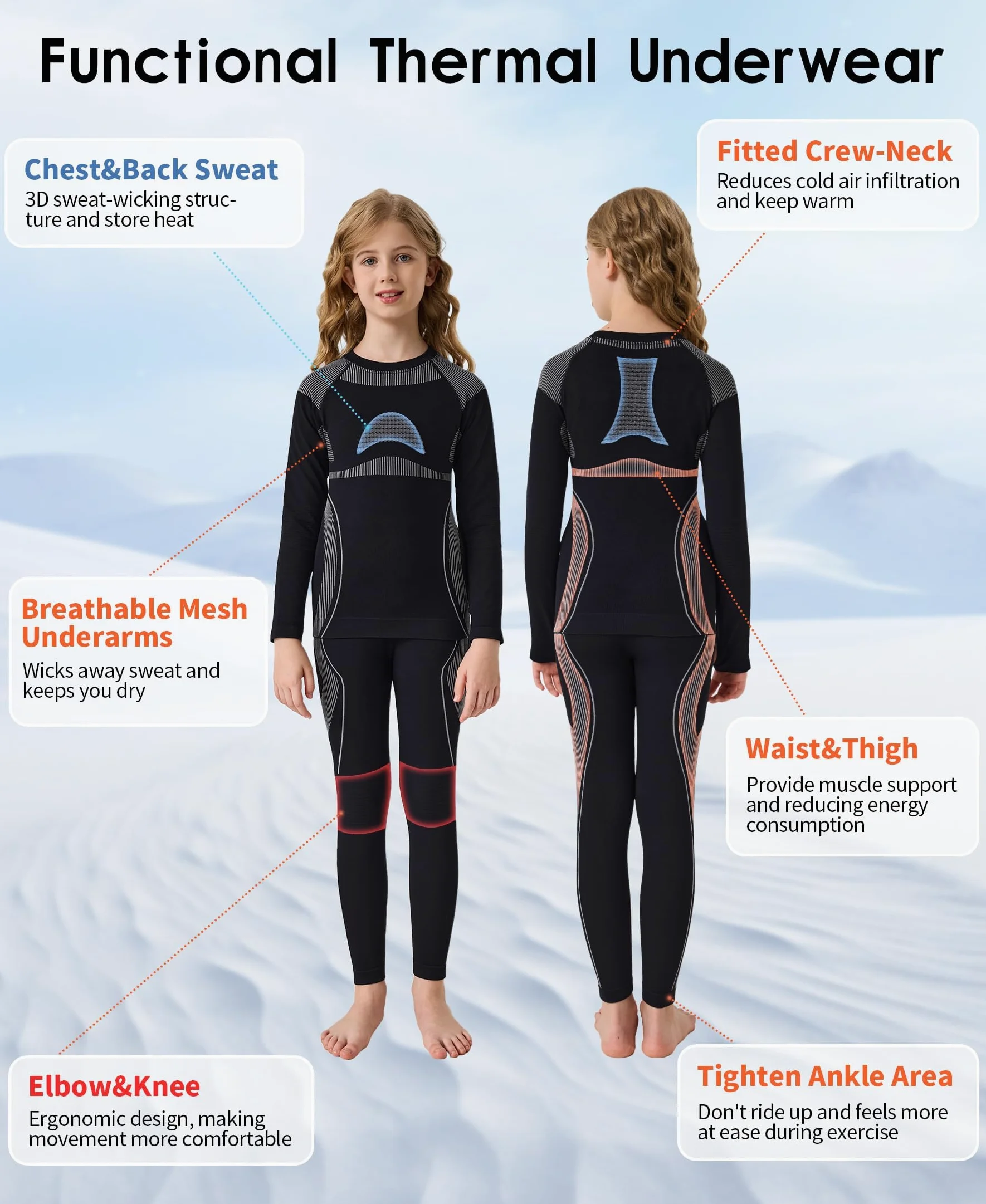 beautyin Ropa interior térmica sin costuras para niños, atlética, capa base larga, para niñas y niños, con agujero para el pulgar