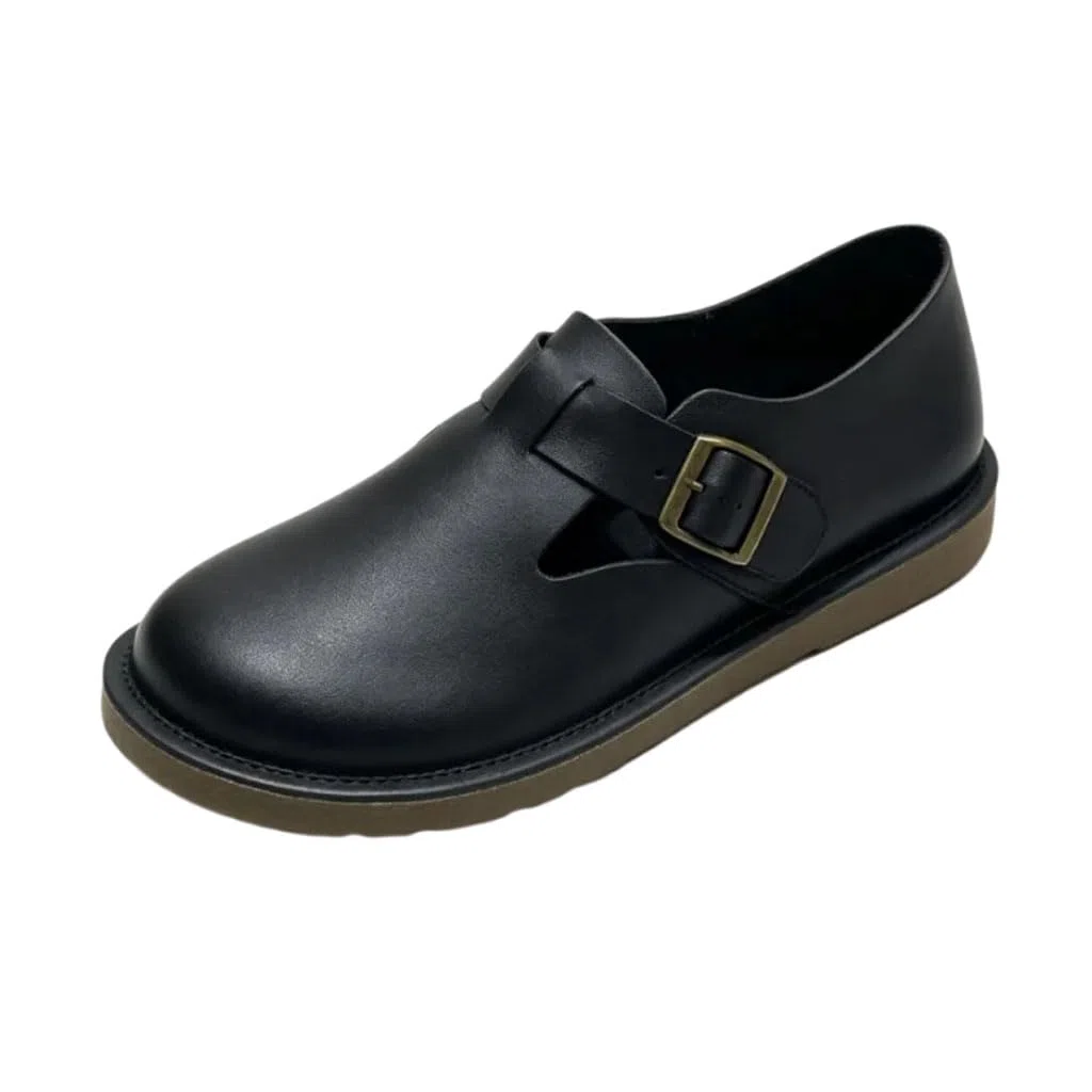 Zapatillas Mujer Planos Piel Auténtica Hebilla Punta Estilo Vintage