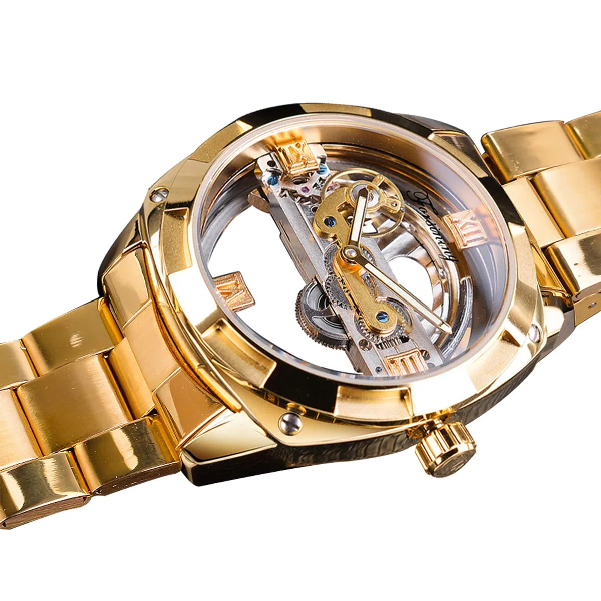 FORSINING Reloj de pulsera para hombre, esfera transparente, automático, clásico, mecánico, acero inoxidable, resistente al agua, dorado, pulsera