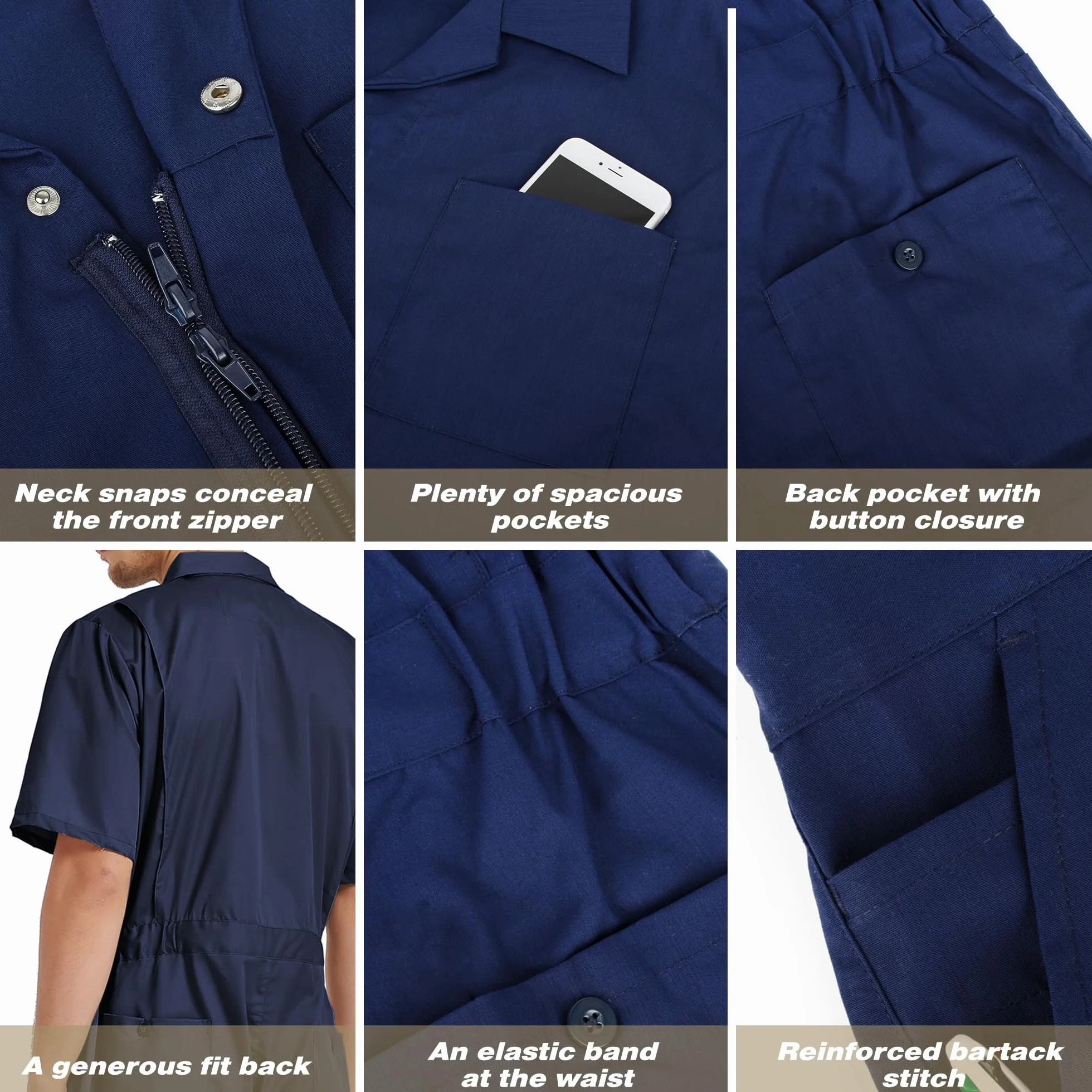 TOPTIE Mono de Trabajo Hombre Manga Corta Overol Uniforme Cremallera Frontal Cintura Elástica