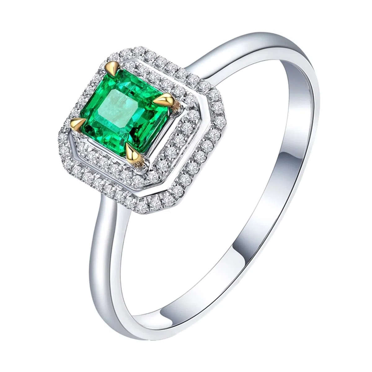 Anillos de Mujer Plata, Alianzas de Boda Cuadrado de 4 Garras con Incrustaciones de Esmeralda Creada En Laboratorio con Joyero