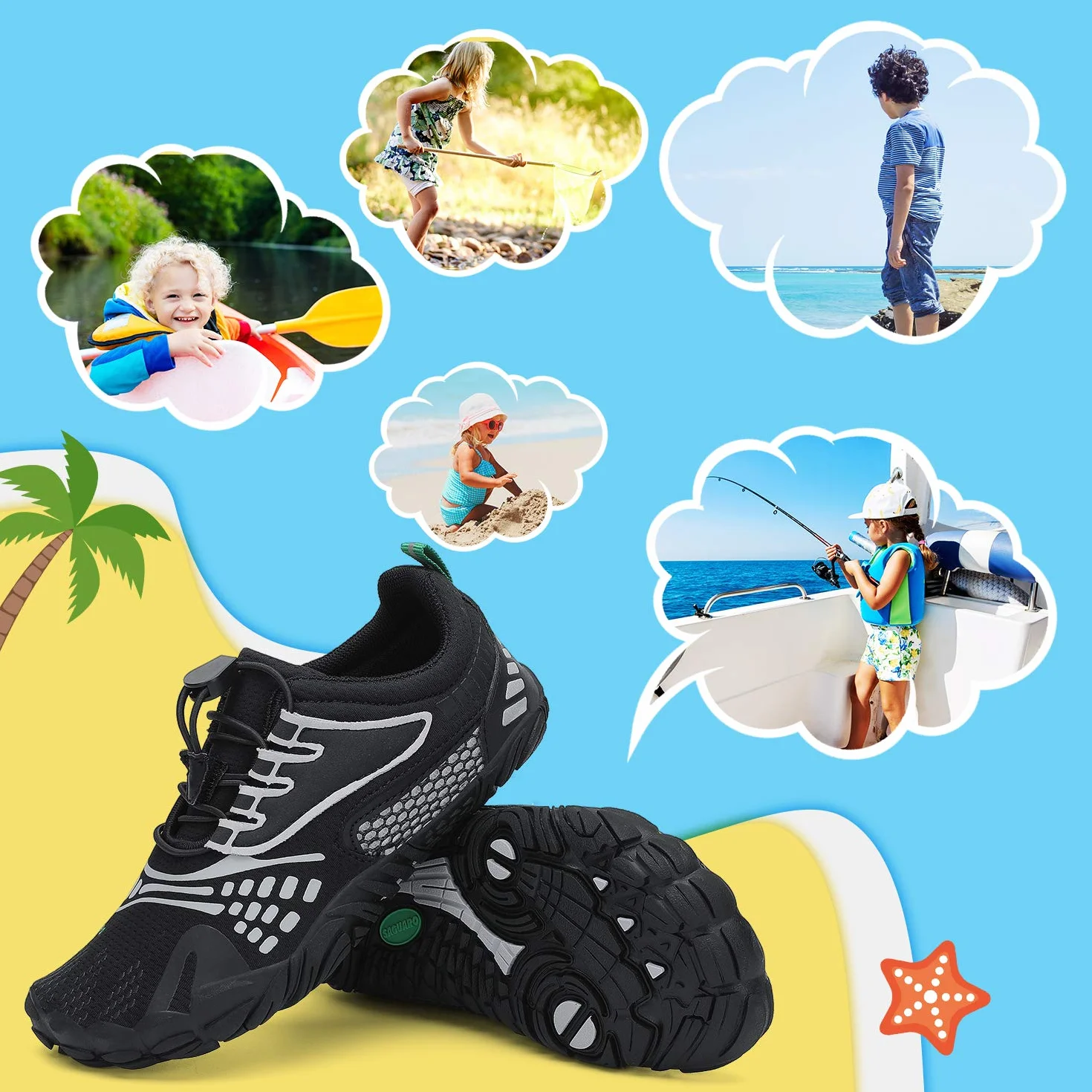 SAGUARO Zapatillas minimalistas Barefoot de secado rápido para niños, zapatillas de agua, 24-36 EU, negro y gris, 26 EU