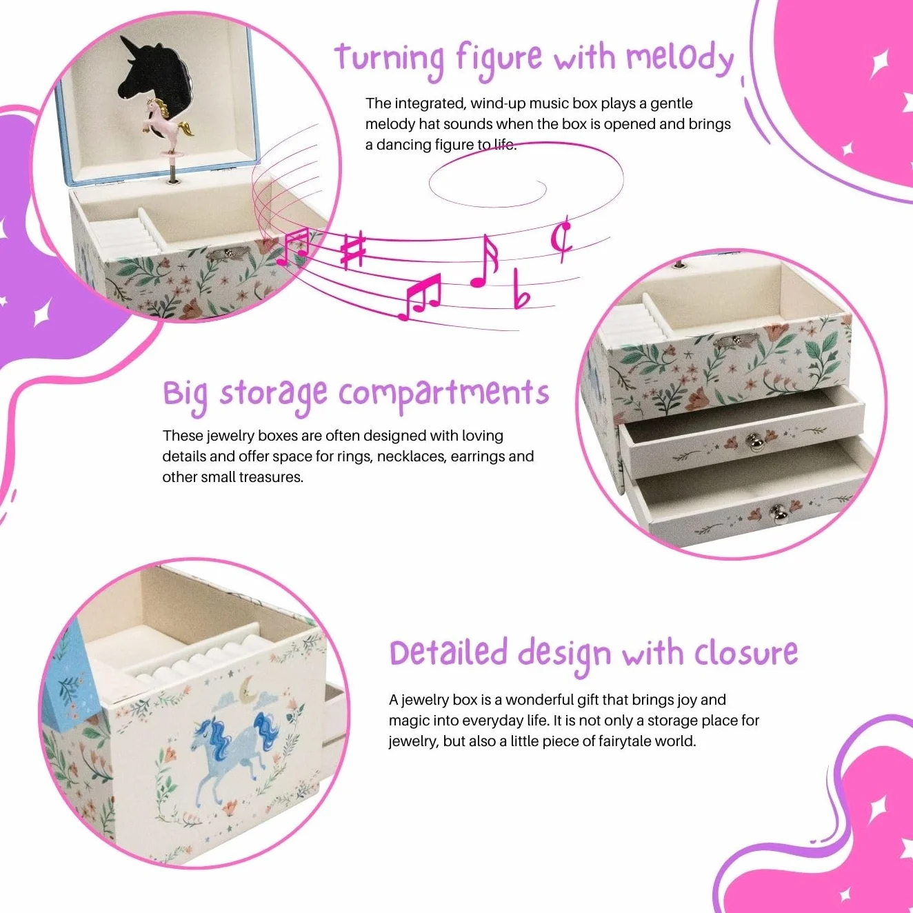 GICO Joyero con diseño de unicornio de dos cajones para niñas, joyero con caja de música, figura giratoria y espejo, regalo de cumpleaños para niñas - 92065
