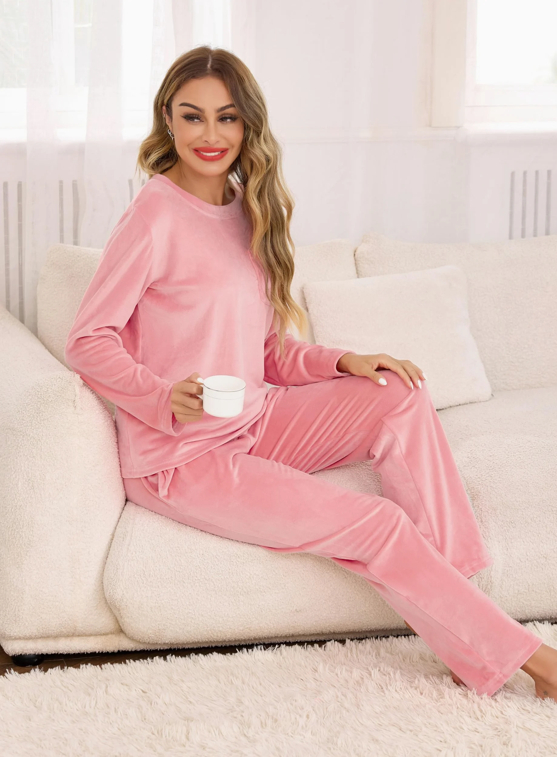 Lovasy Pijamas Mujer Invierno Polar Felpa Fina y Suave Conjunto de Pijama Cálido Largo con Bolsillos