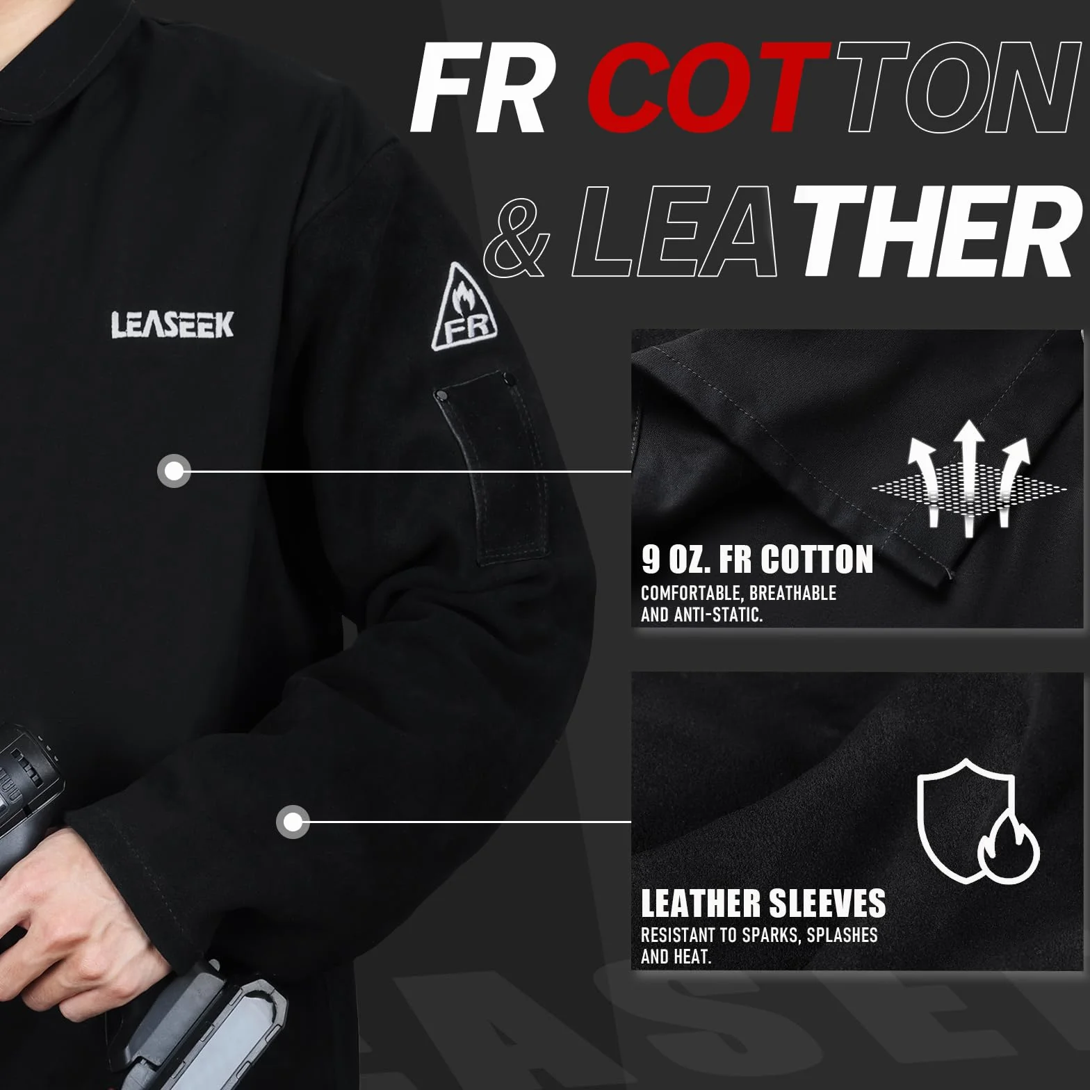 LeaSeek Chaqueta de soldadura de algodón resistente al fuego (FR) con mangas de cuero, abrigo soldador de seguridad para el trabajo para hombres y mujeres