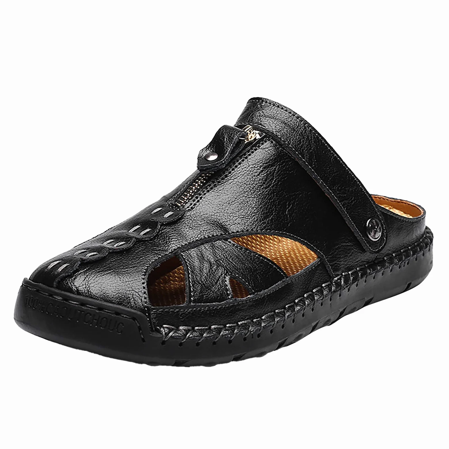 Sandalias Hombre Suela de Goma Cuero con Bandas Ajustables Talla Grande Chanclas Casual Deportivas Transpirable Zapatillas Soporte de Arco Punta Reforzada para Playa Verano Piscina