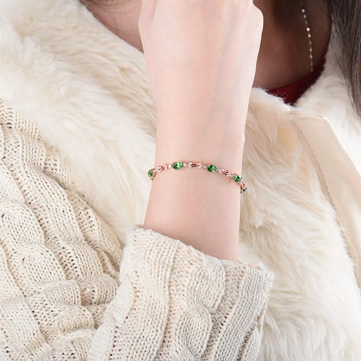 Pulsera para Mujer de Oro Rosa 9 Kilates / 14 Kilates / 18 Kilates, Oval con Tsavorita de 1,77 ct y Diamante de 0,62 ct, Cadena 16 CM, Pulseras de Mujer de Oro Rosa Verde
