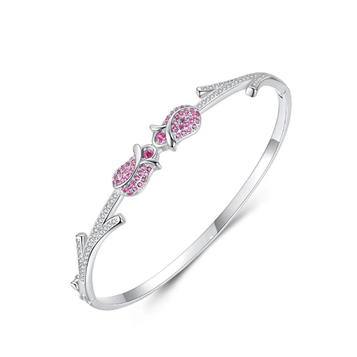 Pulsera para mujer, pulsera para mujer, rosa con rubí creado en laboratorio, oro blanco, regalos únicos para amigas y mujeres