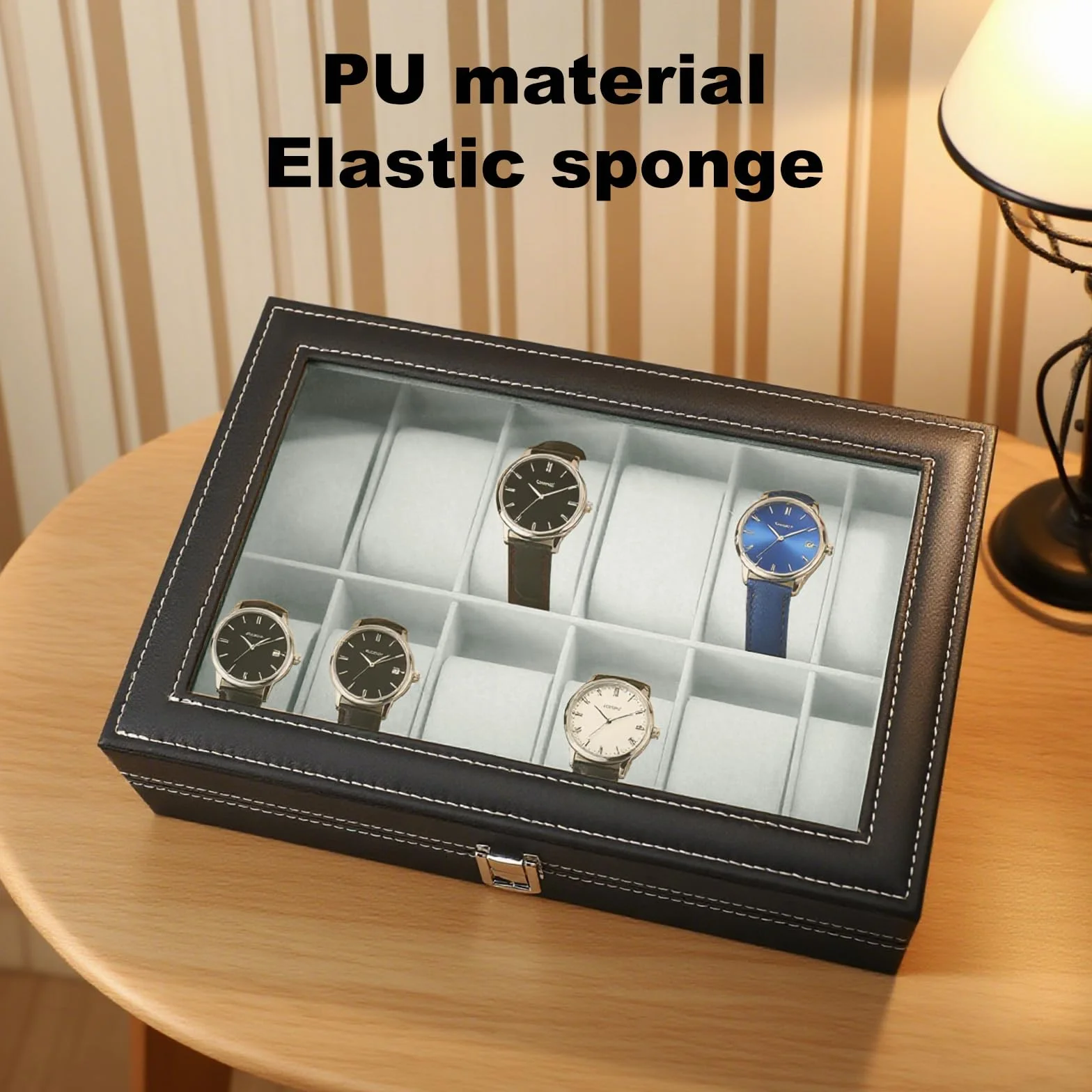 Caja de Relojes 12 Compartimentos Estuche de Relojes de PU con Cubierta de Cristal acrílico y almohadillas extraíbles unisex para regalo o almacenamiento personal