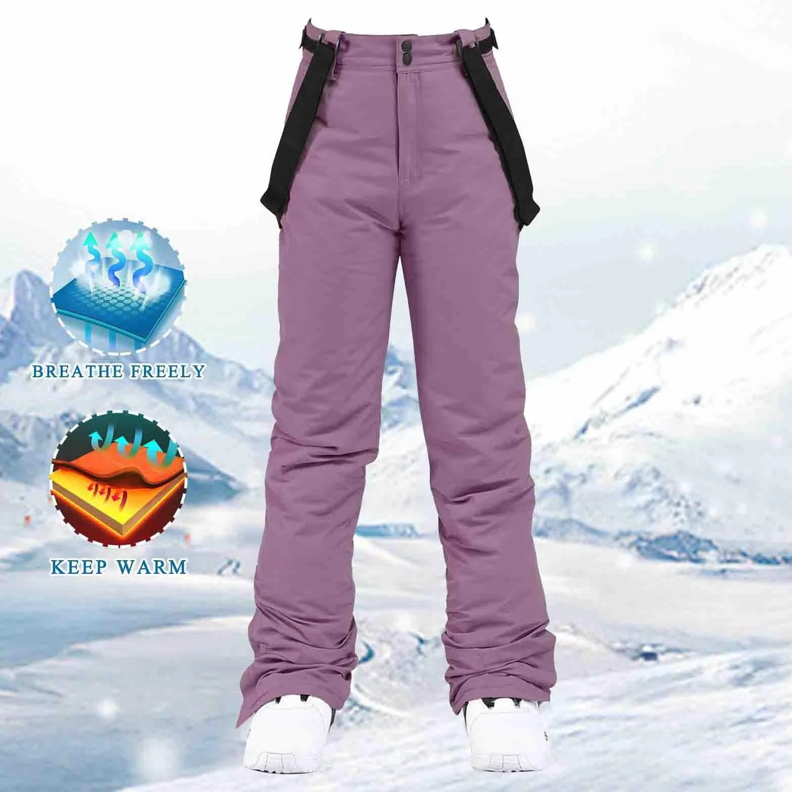 Pantalones de nieve para mujer con tirantes, pantalones de esquí con tirantes, pantalones térmicos, impermeables, pantalones de softshell, cálidos, para trekking, invierno, forrados, pantalones de