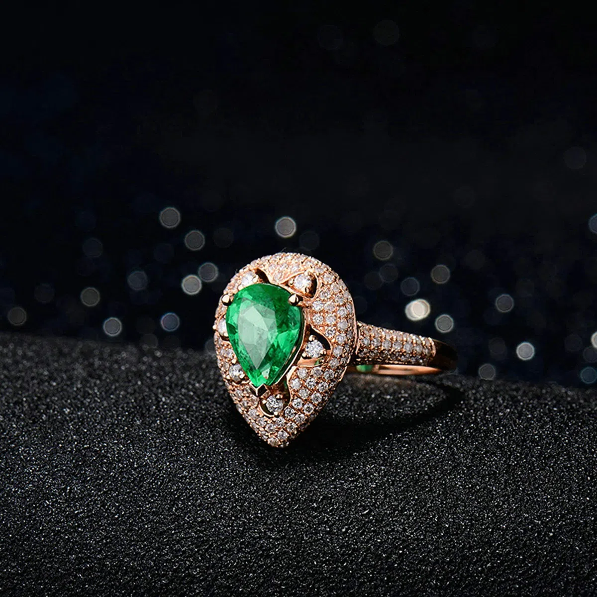 Anillos de boda de oro rosa para mujer, oro real de 18 quilates, 14 quilates, 9 quilates, talla H 1/2-V 1/2, anillos de compromiso de matrimonio con gota de agua con esmeralda de 2 quilates y