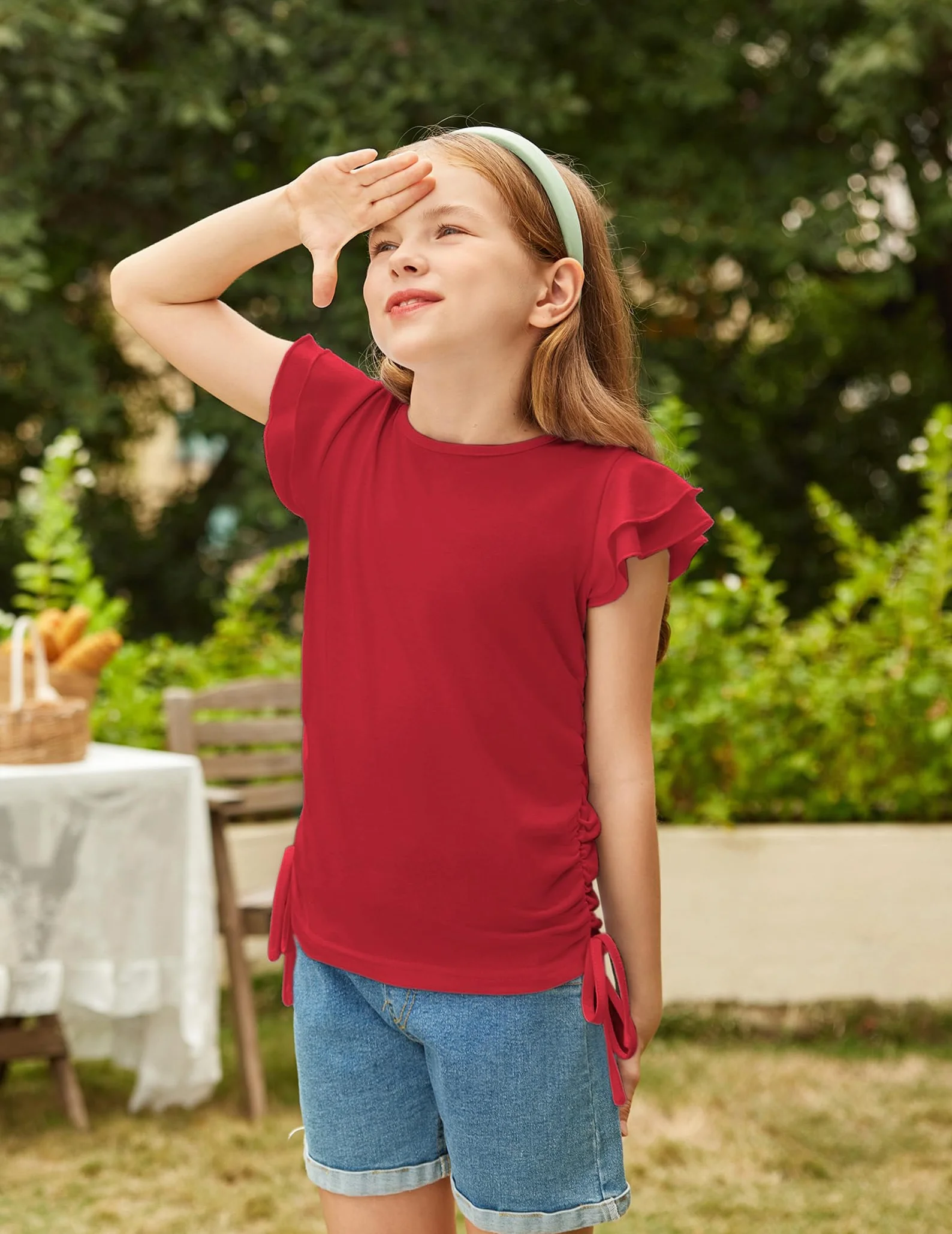 Arshiner Camiseta para Niña con Mangas con Volantes Camiseta para Niños Camiseta con Cuello Redondo Camiseta Informal Ropa para Niños con Cordón 5-12 Años