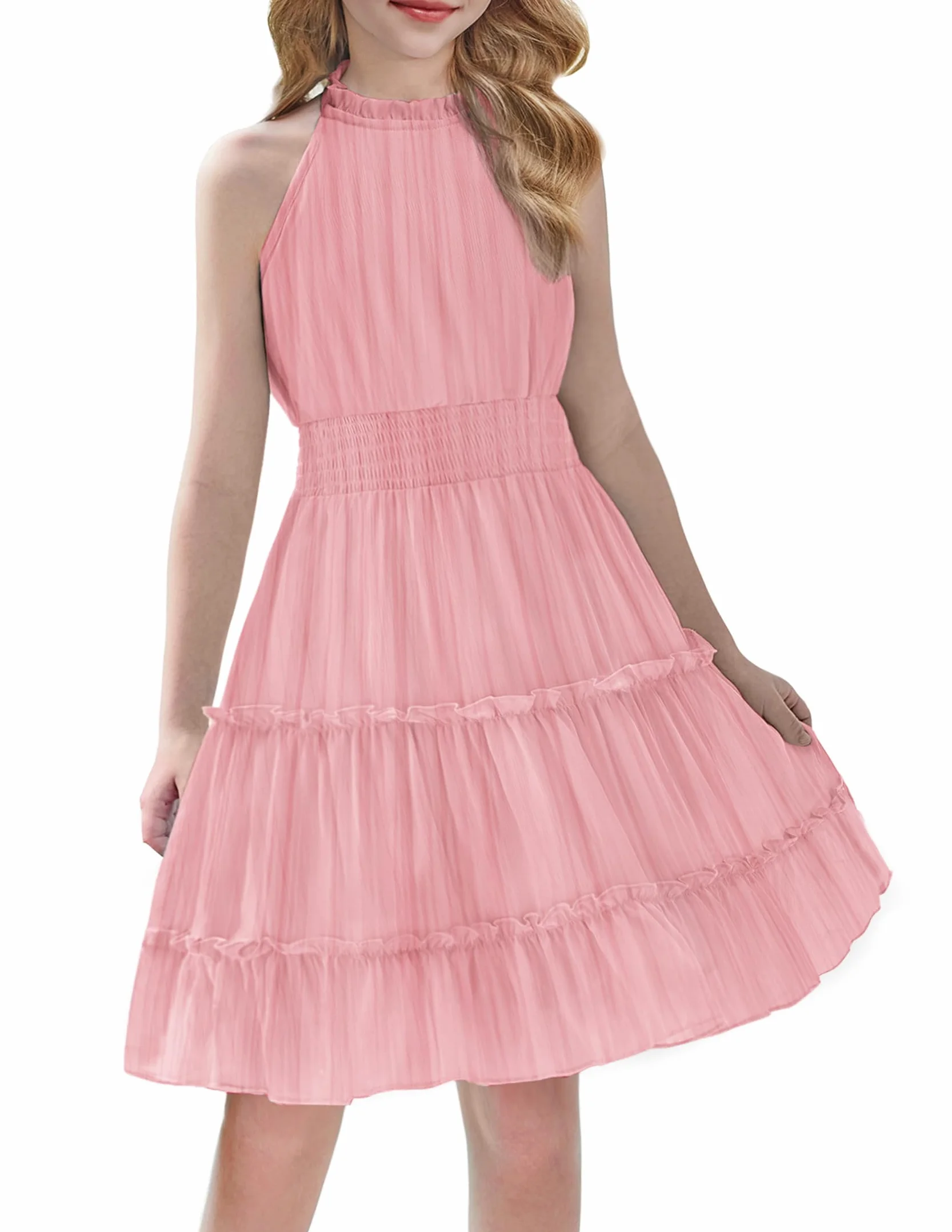 Arshiner Vestidos para Niña Verano Sin Mangas Fiesta Niños Vestido Festivo Cuello Halter Vestidos Ligero Gasa Hombros Descubiertos Midi Informal Corte A Vestido de Noche Elegante para Niñas 6-13 Años